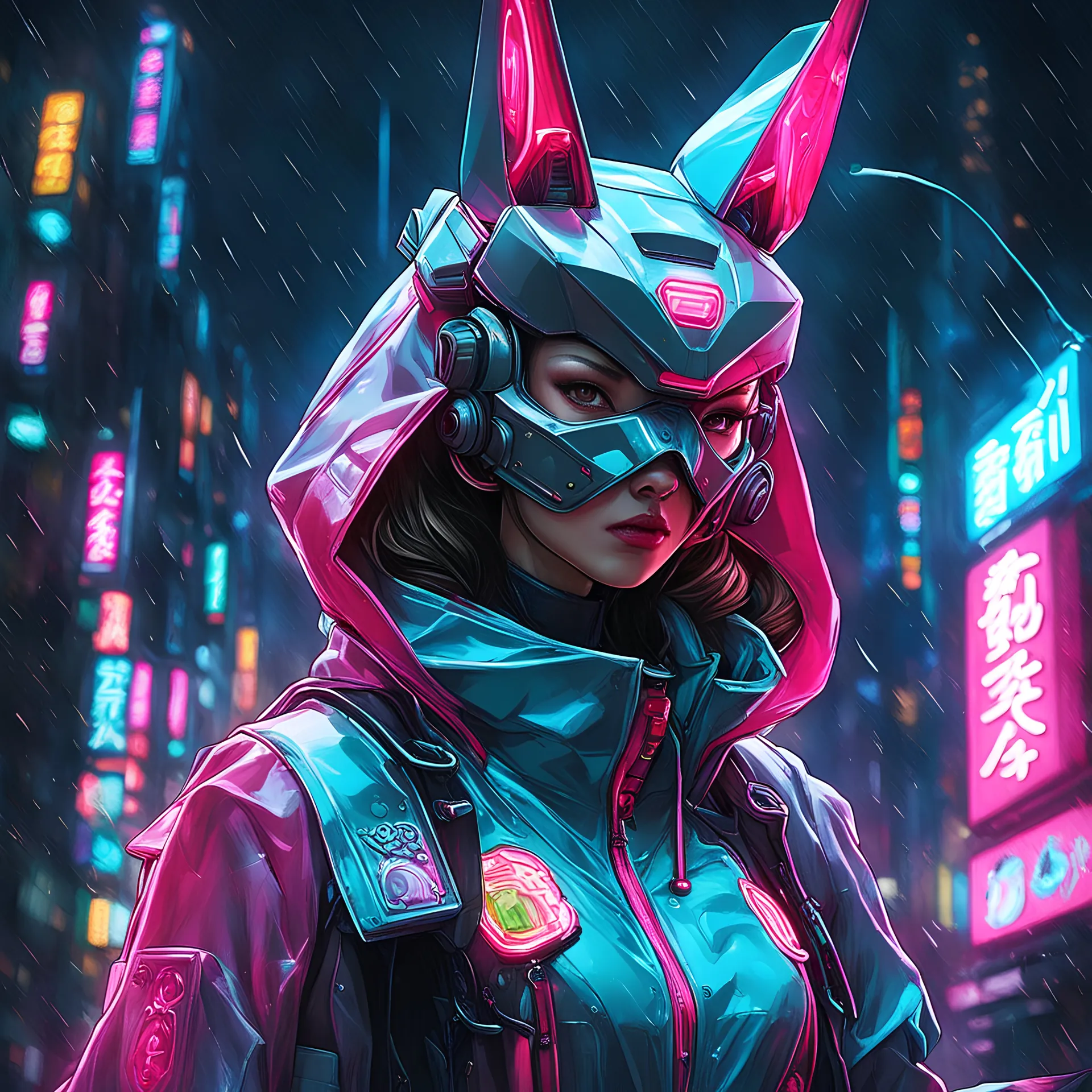 neon robotic usagi, fully masked, masterpiece, best quality, half body, portrait, night city, anime, 3D, Korean, pixar, realistic, robo cop, harajuku fashion style, rain coat, beautiful, colourful, neon lights, cyberpunk, illustration, by stanley artgerm lau, sideways glance, foreshortening, extremely detailed 8K, smooth, high resolution, ultra quality, highly details, glare, side view,