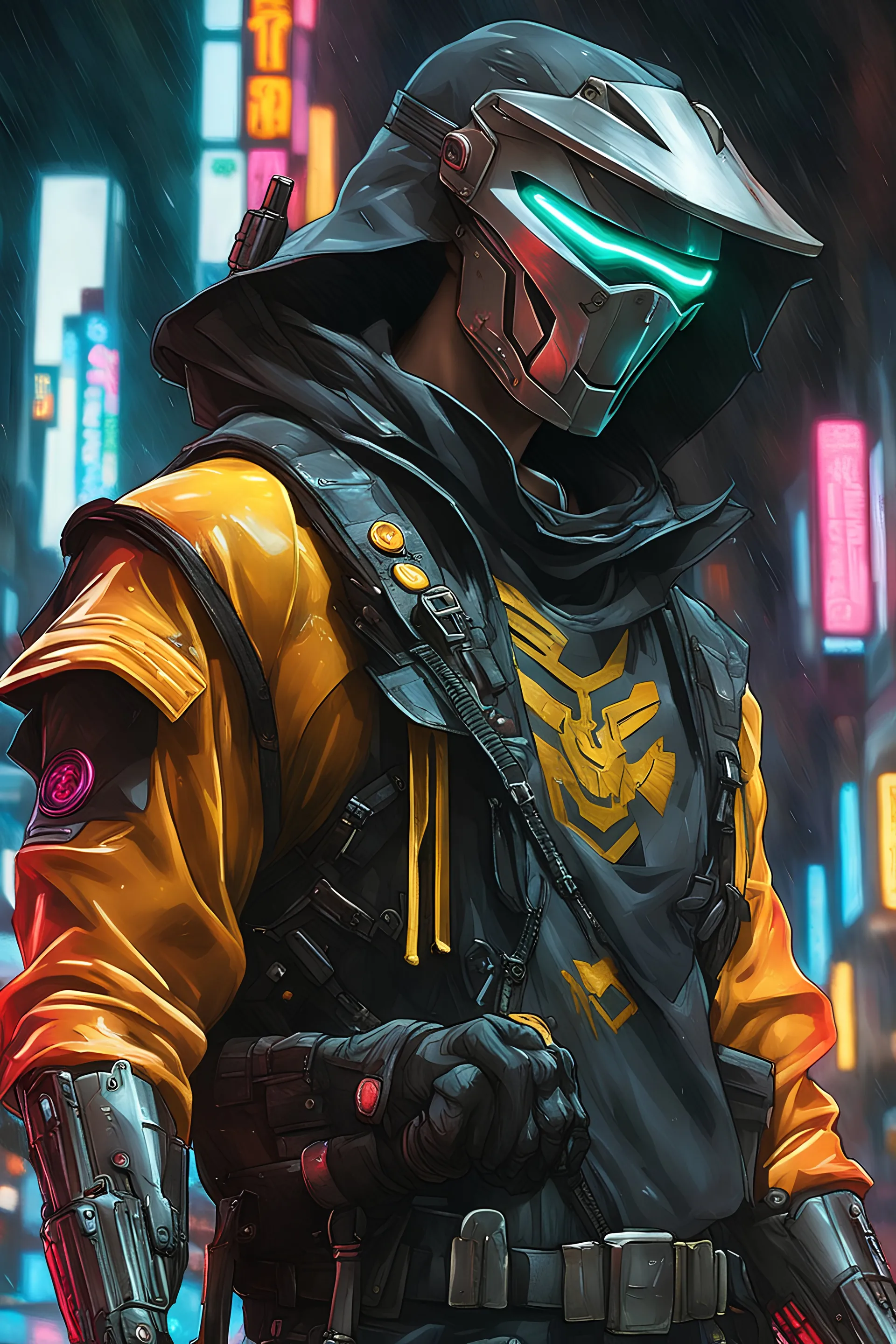 casey jones, neon robot cop, masterpiece, best quality, half body, portrait, night city, anime, 3D, Korea, pixar, realistic, robo cop, harajuku fashion style, rain coat, beautiful, colourful, neon lights, cyberpunk, illustration, by stanley artgerm lau, sideways glance, foreshortening, extremely detailed 8K, smooth, high resolution, ultra quality, highly details, glare, side view,