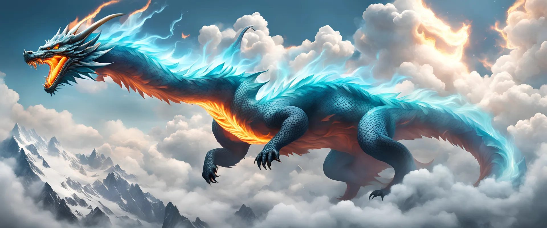 A majestic fire dragon soaring through the air, its breath forming translucent clouds that dance and twirl in the frosty breeze.