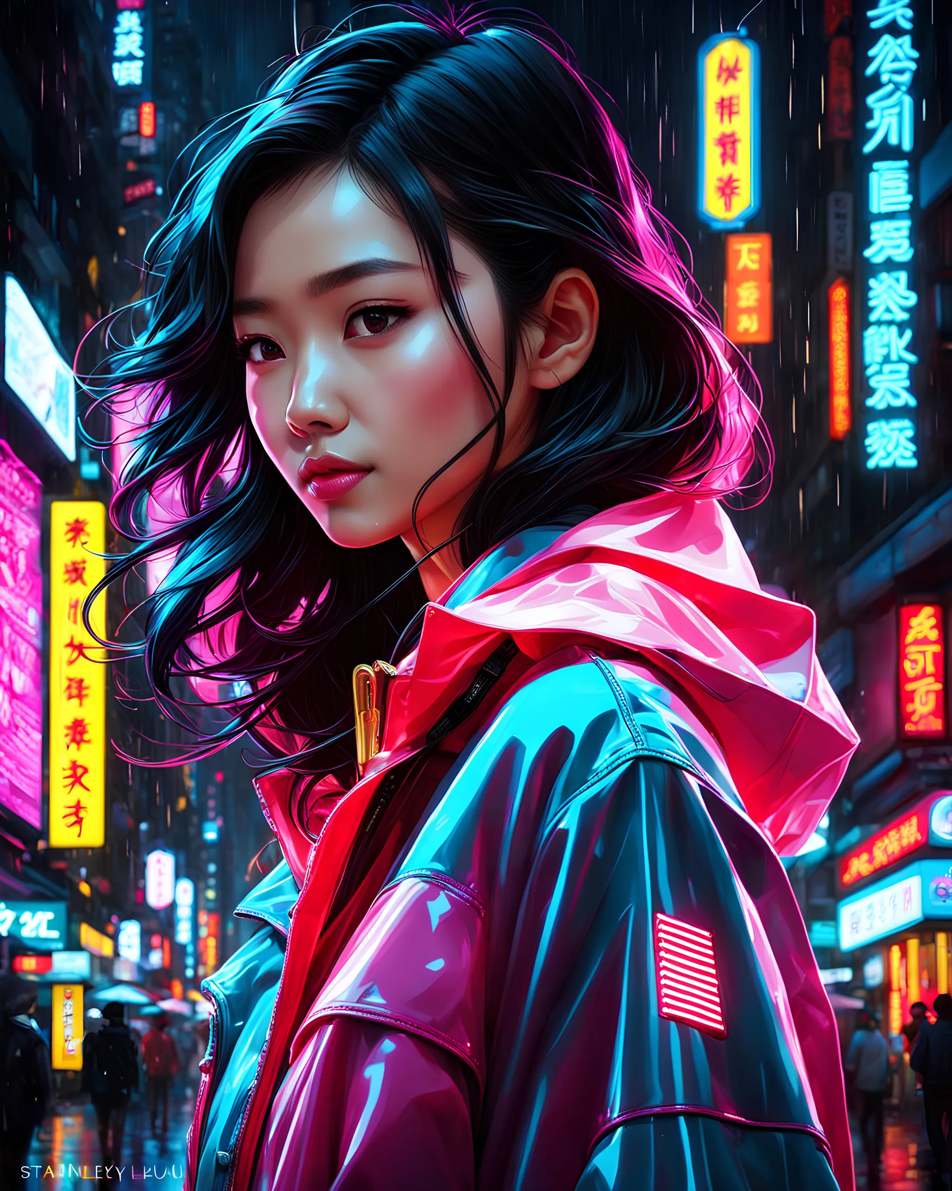 neon Chinese teen, masterpiece, best quality, half body, portrait, night city, 1girl, anime, 3D, Korea, pixar, realistic, teen girl, smiling, cute face, harajuku fashion style, rain coat, beautiful, colourful, neon lights, cyberpunk, smooth skin, illustration, by stanley artgerm lau, sideways glance, foreshortening, extremely detailed 8K, smooth, high resolution, ultra quality, highly detail eyes, highly detail mouth, highly detailed face, perfect eyes, both eyes are the same, glare, short hair