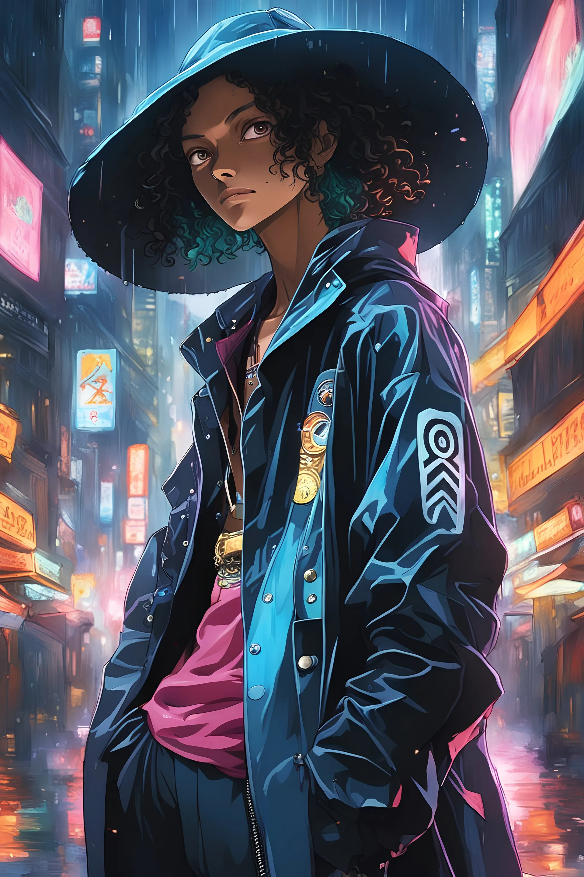 Brook, iconic character in anime onepiece, masterpiece, best quality, half body, portrait, night city, anime, 3D, Korea, pixar, realistic, robo cop, harajuku fashion style, rain coat, beautiful, colourful, neon lights, cyberpunk, illustration, by stanley artgerm lau, sideways glance, foreshortening, extremely detailed 8K, smooth, high resolution, ultra quality, highly details, glare, side view,