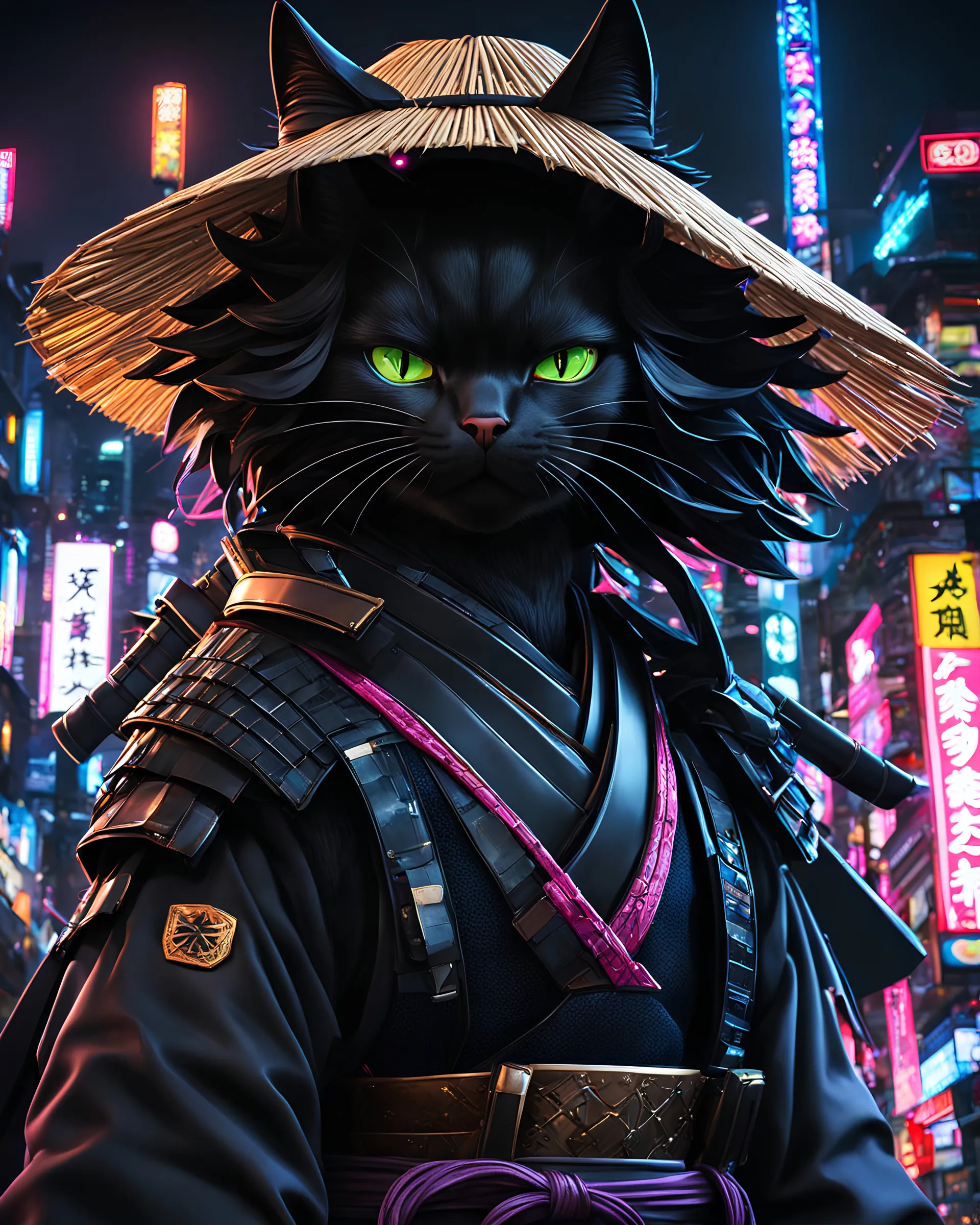 black cat samurai , masterpiece, best quality, half body, portrait, night city, anime, 3D, Korea, pixar, black cat samurai, harajuku fashion style, straw hat, beautiful, colorful, neon lights, cyberpunk, illustration, by NaokiSaito, sideways glance, foreshortening, extremely detailed 8K, smooth, high resolution, ultra quality, highly details, glare, side view,