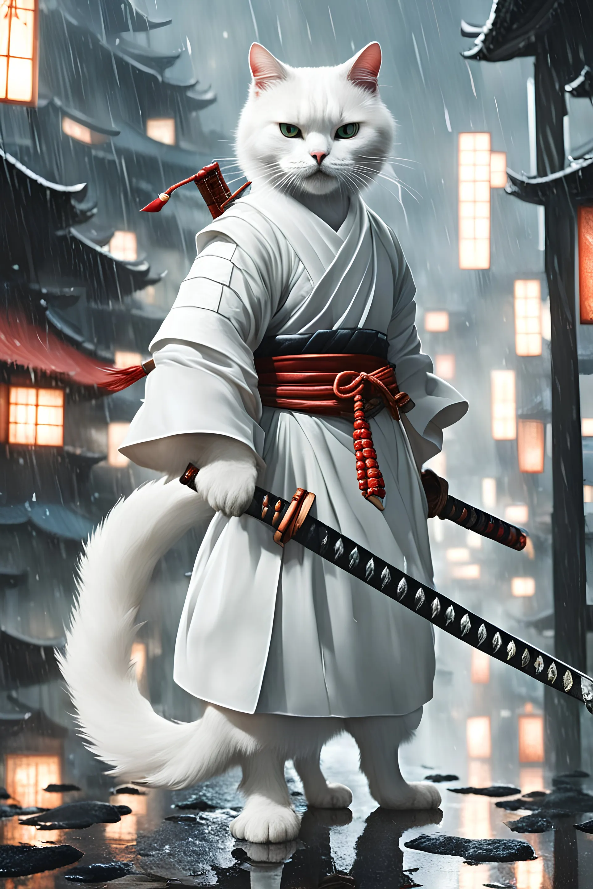 White cat samurai on rainy city background