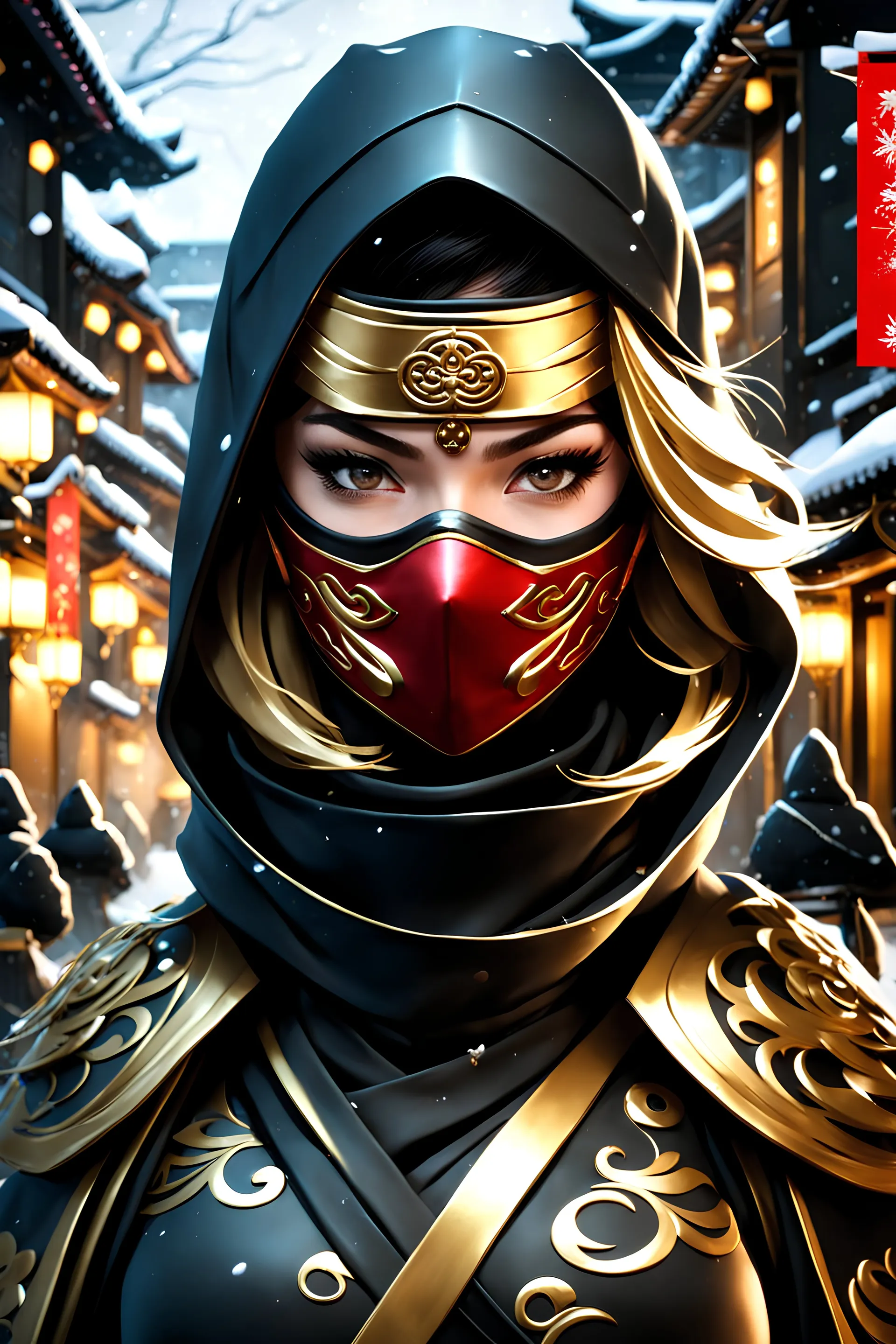 8k wallpaper of a mysterious beautiful masked kunoichi ninja wearing eyeliner and gold jewelry in the streets of a dark snowy town in moscow, by artgerm, beautiful intricate detail, trending on artstation, 8k, ((fluid motion)), stunning shading, by wlop