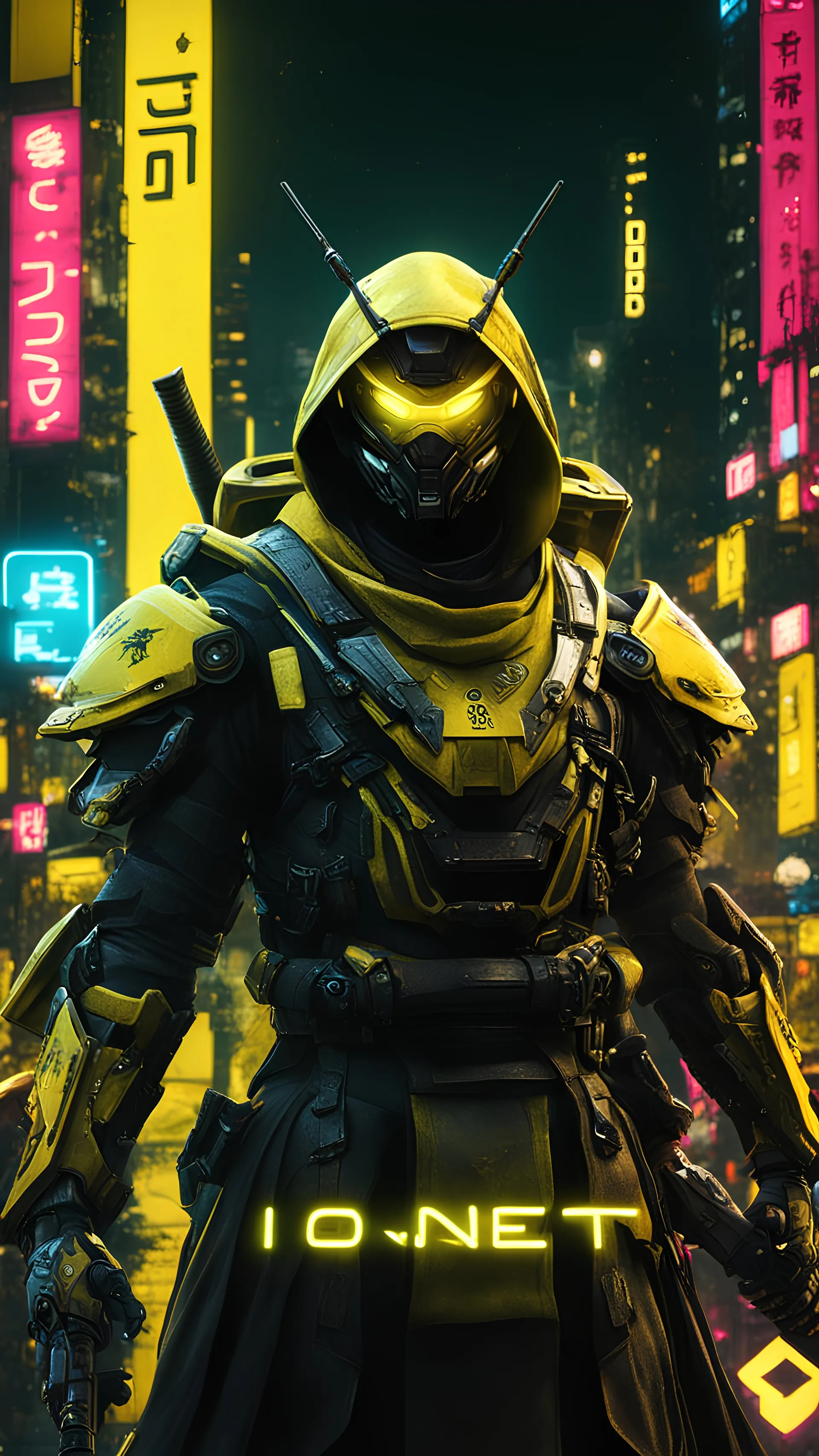 "io.net" logo, bee robo soldier, samurai sword hands, realistic 8k, ultra realistic, neon colorfull city, bacround, neon yellow light, neon yellow, robo soldier, cloak yellow