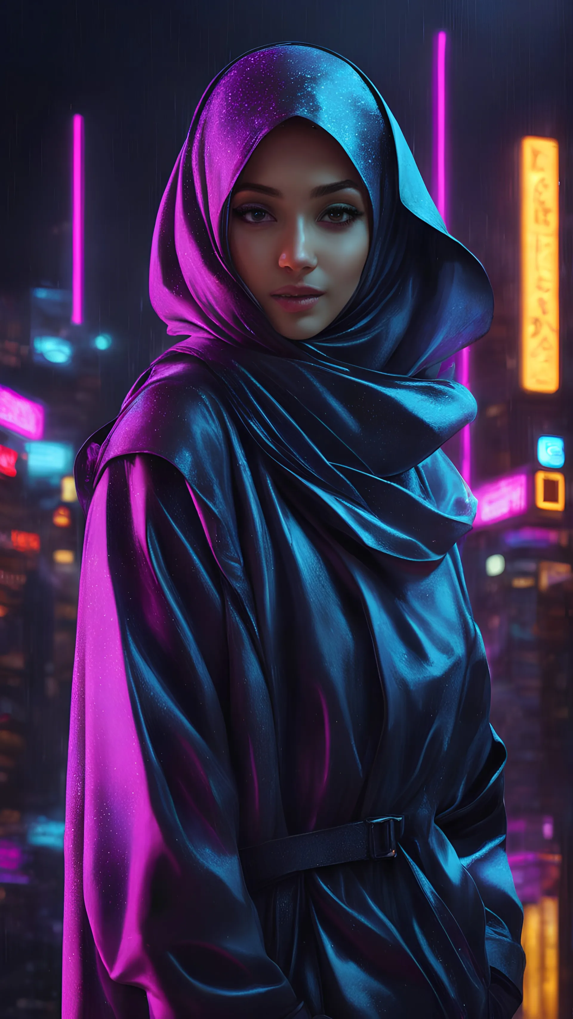 neon HIJAB arabian teen, best quality, half body, portrait, night city, 1girl, anime, 3D, Dubai, pixar, realistic, teen girl, smiling, cute face, rain coat, beautiful, colourful, neon lights, cyberpunk, smooth skin, illustration, sideways glance, foreshortening, extremely detailed 8K, smooth, high resolution, ultra quality, highly detail eyes, highly detail mouth, highly detailed face, perfect eyes, both eyes are the same, glare, model, DUBAI skyskrapers