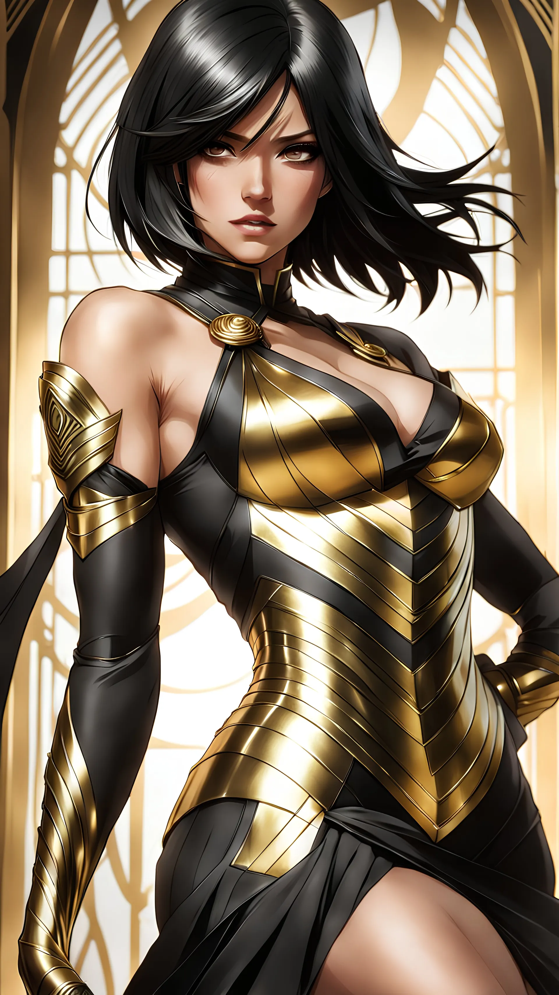 Mikasa Ackerman in a detailed intricate gold and black dress, by artgerm, 8k, stunning intricate details