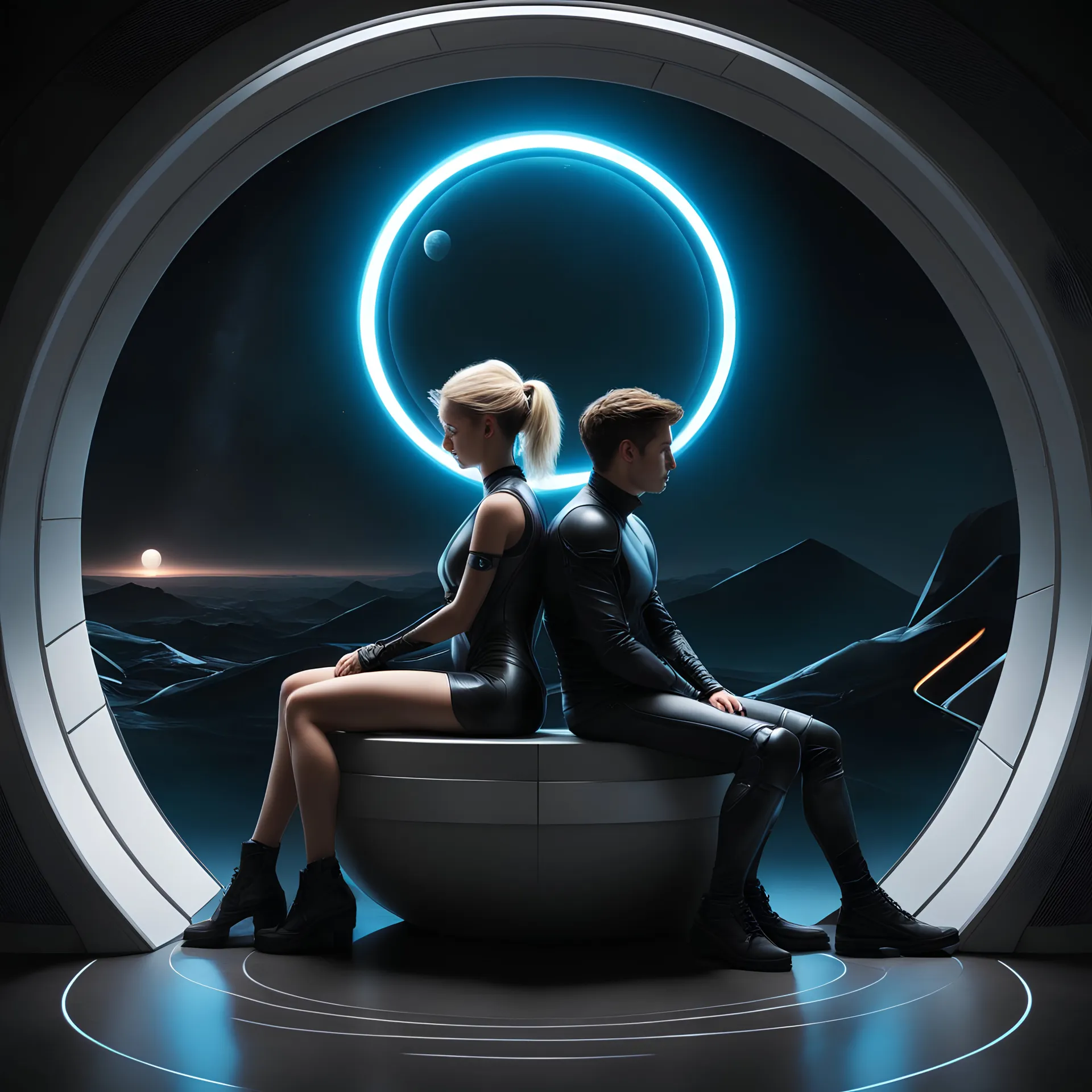 A realistic very dark photo from the back of the shadow of a brunette 18-year-old boy and an 18-year-old blonde girl sitting together on the floor of a very dark futuristic room, wearing sci-fi tight suits, the girl's head rests on the boy's shoulder. In the background, of a round window with views of a far planet earth from space, hyperrealistic, hyperdetailed, 8k