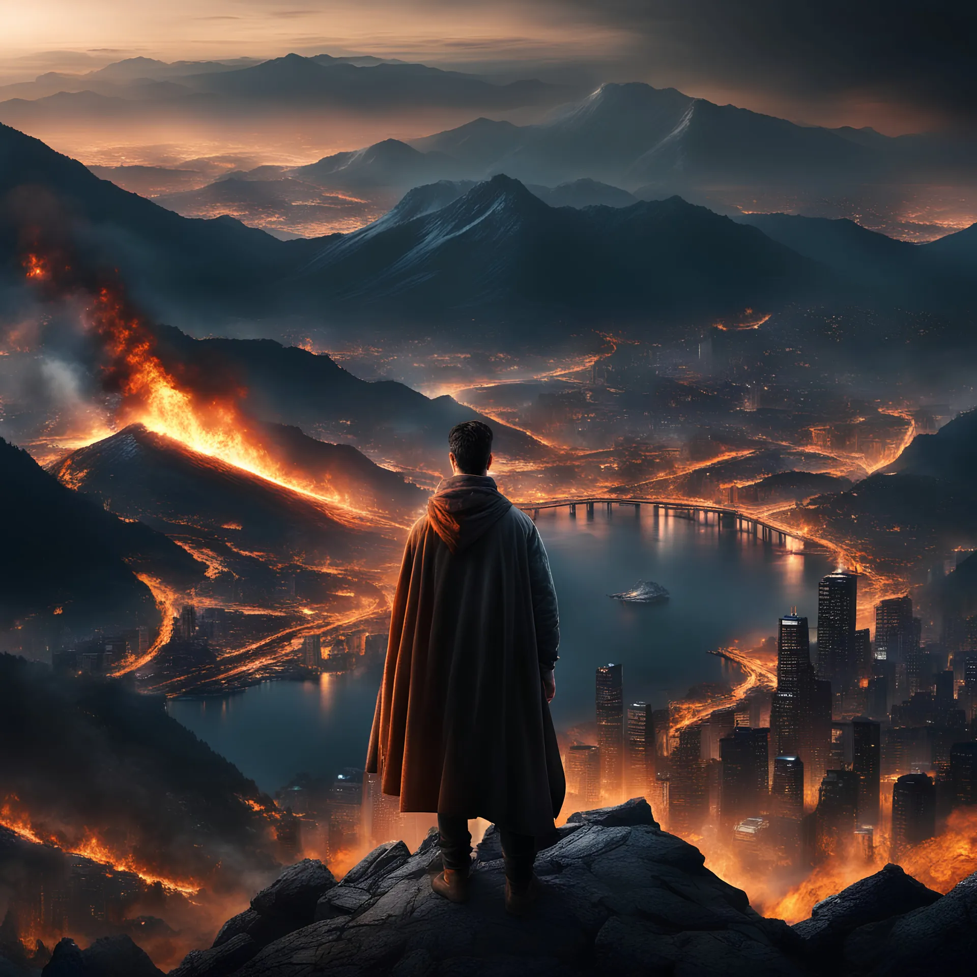 man on a mountain looking over a burning city, hyper realistic, best quality