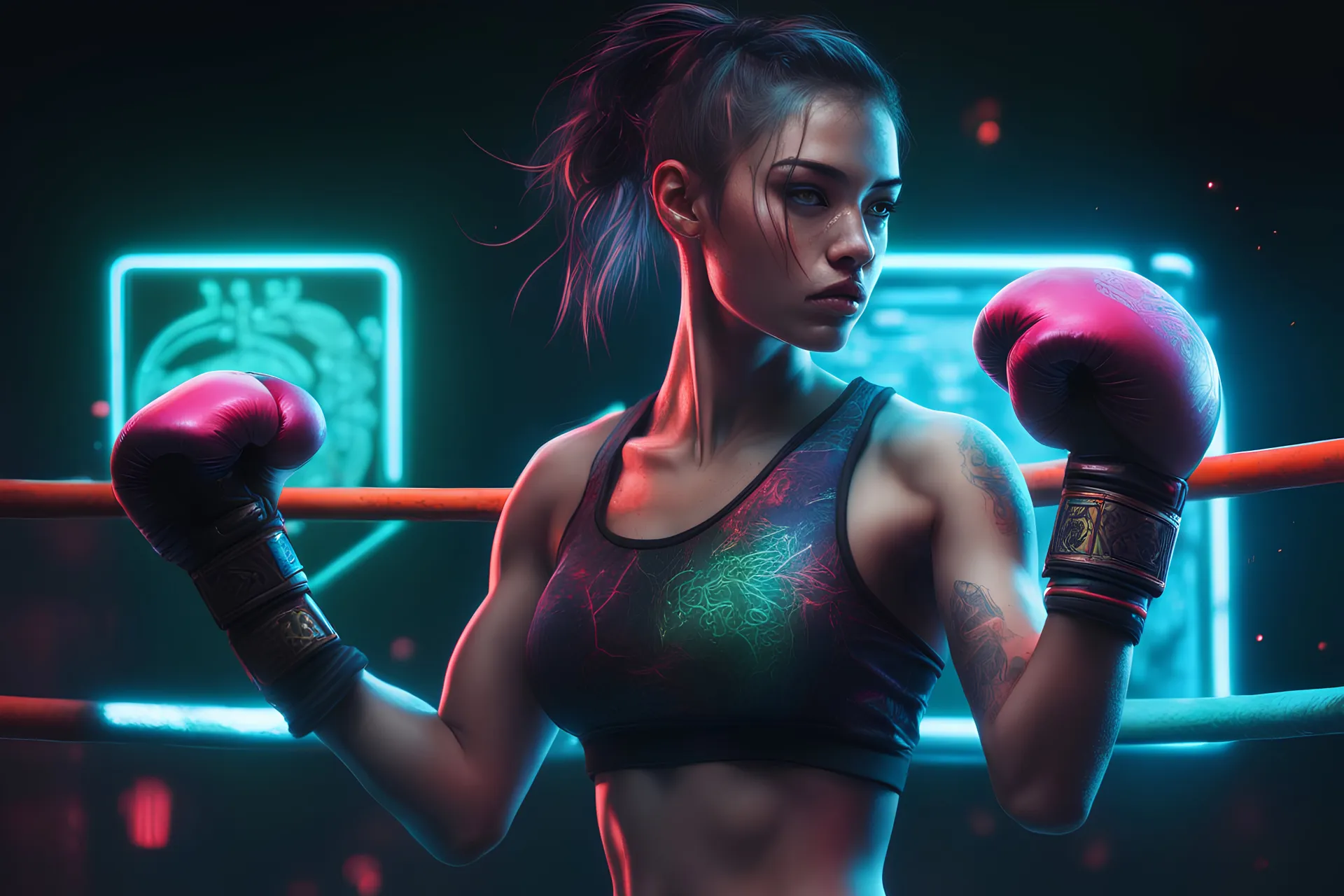 detailed portrait Neon boxer Brazilian Girl, cyberpunk futuristic neon, reflective crop top and shorts, boxing gloves, decorated with traditional Japanese ornaments by Ismail inceoglu dragan bibin hans thoma greg rutkowski Alexandros Pyromallis Nekro Rene Maritte Illustrated, Perfect face, fine details, realistic shaded, fine-face, pretty face