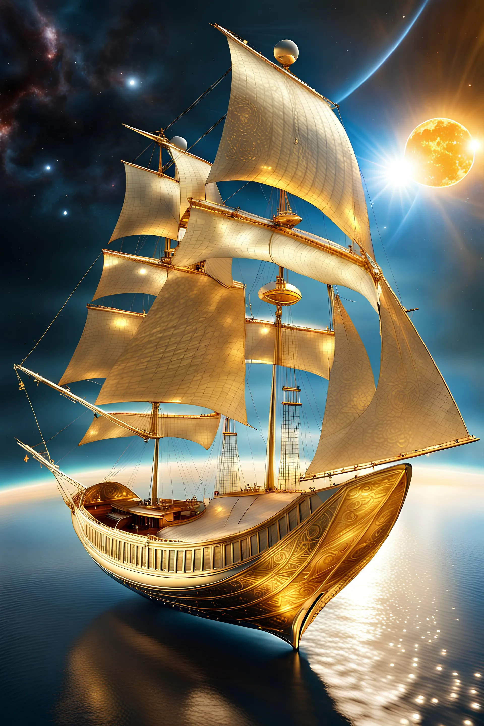 in a breathtaking scene, a resplendently majestic solar sailer glides through a tranquil sky. by alex1shved It is a vibrant and opulent vessel, adorned with glistening golden accents and intricate celestial motifs. The image, a digitally enhanced photograph, captures the sailer in impeccable detail, showcasing its sleek contours and shimmering solar panels. Each intricate brushstroke brings out the vessel's magnificence, its regal presence commanding attention. The viewer is transported into a