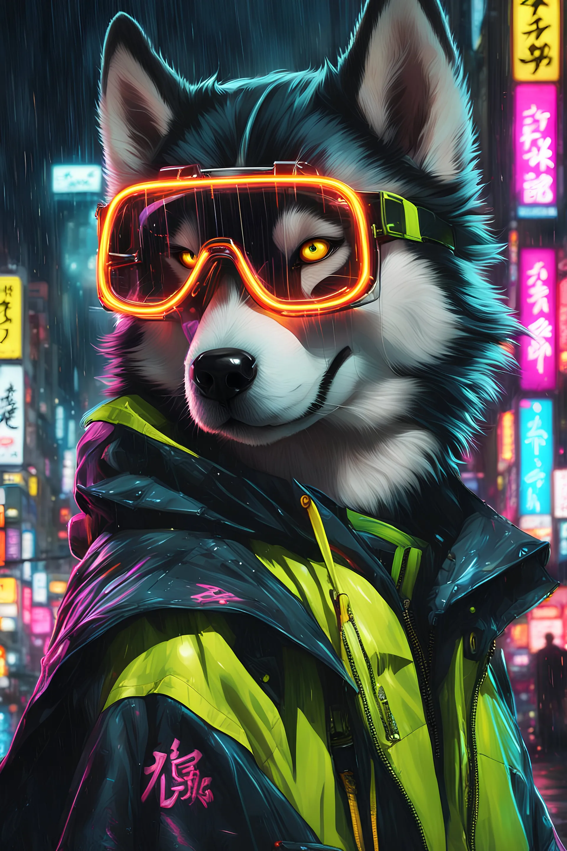 husky ,yellow neon glasses,masterpiece, best quality, portrait, night city, anime, 3D, Korea, pixar, realistic, robo samurai, harajuku fashion style, mask with neon lights,punk style rain coat, beautiful, colorful, neon lights, cyberpunk, illustration, by Stanley artgerm lau, sideways glance, foreshortening, extremely detailed 8K, smooth, high resolution, ultra quality, highly details, glare, side view,