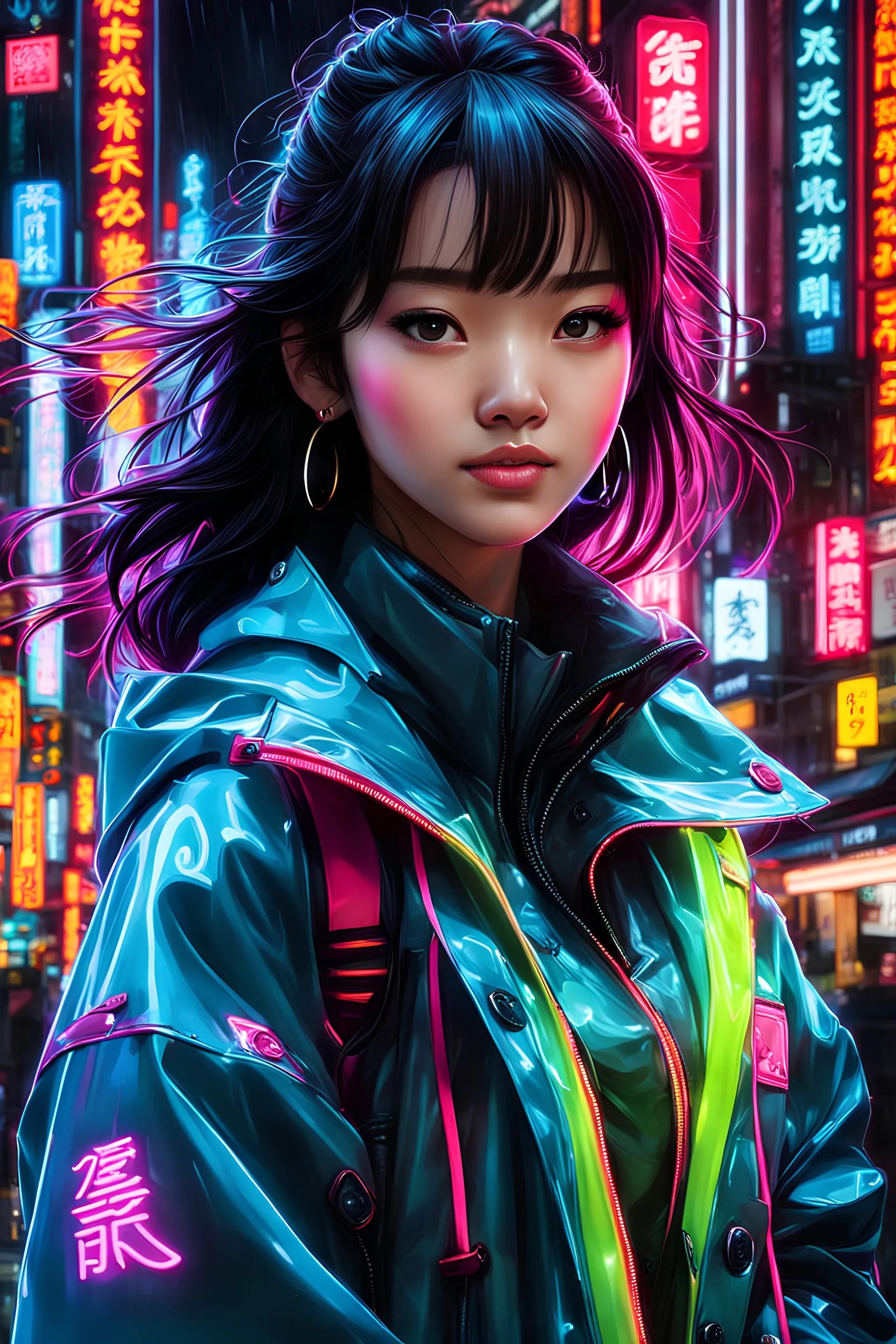 neon Chinese teen, best quality, half body, portrait, night city, 1girl, anime, 3D, Japan, pixar, realistic, teen girl, smiling, cute face, harajuku fashion style, rain coat, beautiful, colourful, neon lights, cyberpunk, smooth skin, illustration, by stanley artgerm lau, sideways glance, foreshortening, extremely detailed 8K, smooth, high resolution, ultra quality, highly detail eyes, highly detail mouth, highly detailed face, perfect eyes, both eyes are the same, glare, model