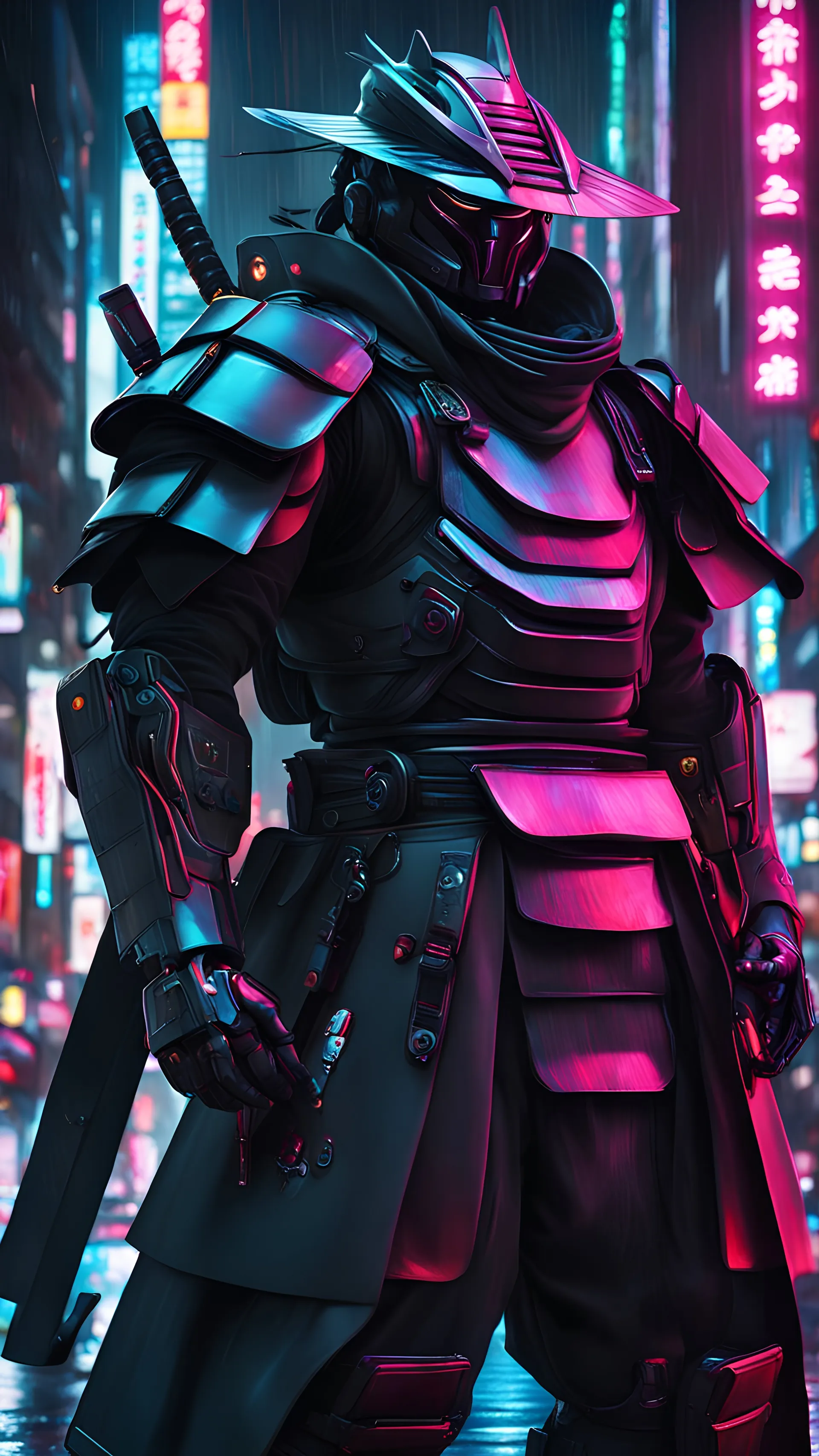 neon robot samurai, masterpiece, best quality, half body, portrait, night city, anime, 3D, Korea, pixar, realistic, robo cop, harajuku fashion style, rain coat, beautiful, colourful, neon lights, cyberpunk, illustration, by stanley artgerm lau, sideways glance, foreshortening, extremely detailed 8K, smooth, high resolution, ultra quality, highly details, glare, side view,