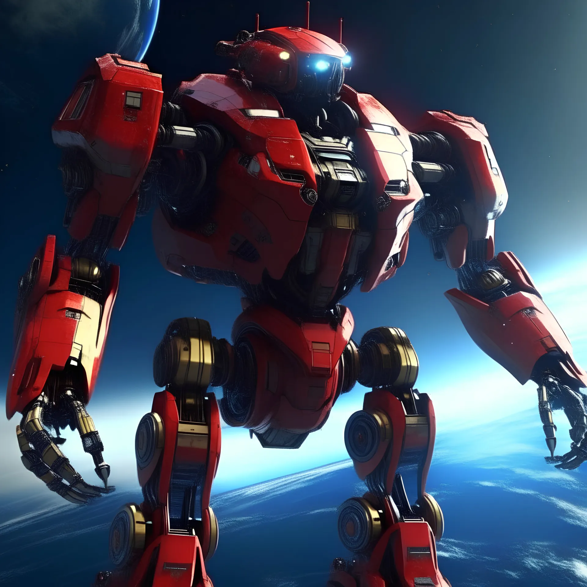 View from space. Massive galactic robot looming over the Earth connected to the planet. The robot is wearing red and black armor. Fantasy cyberpunk style. CG rendered in detailed high quality.