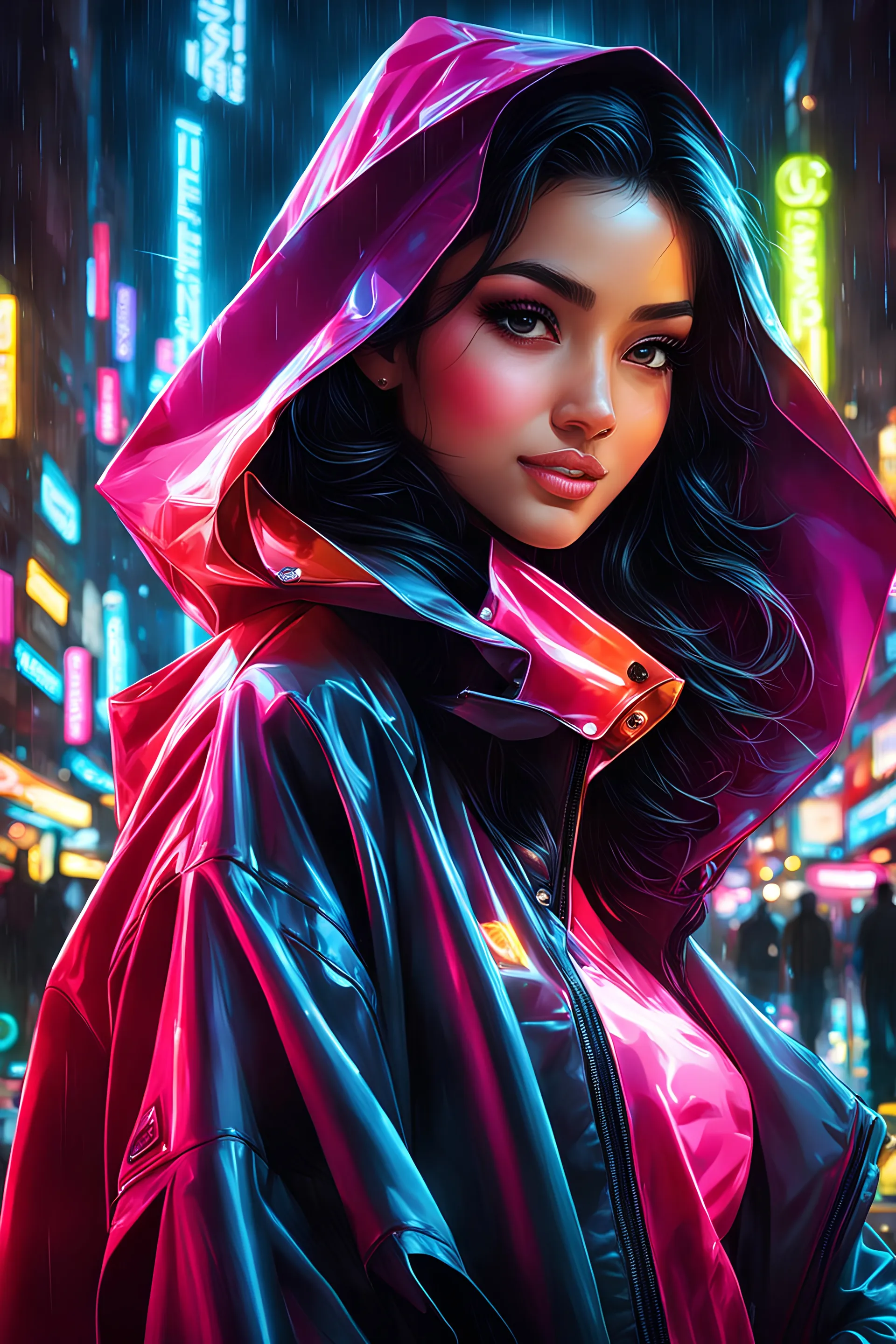 neon arabian teen, best quality, half body, portrait, night city, 1girl, anime, 3D, Dubai, pixar, realistic, teen girl, smiling, cute face, harajuku fashion style, rain coat, beautiful, colourful, neon lights, cyberpunk, smooth skin, illustration, by stanley artgerm lau, sideways glance, foreshortening, extremely detailed 8K, smooth, high resolution, ultra quality, highly detail eyes, highly detail mouth, highly detailed face, perfect eyes, both eyes are the same, glare, model, DUBAI skyskrapers