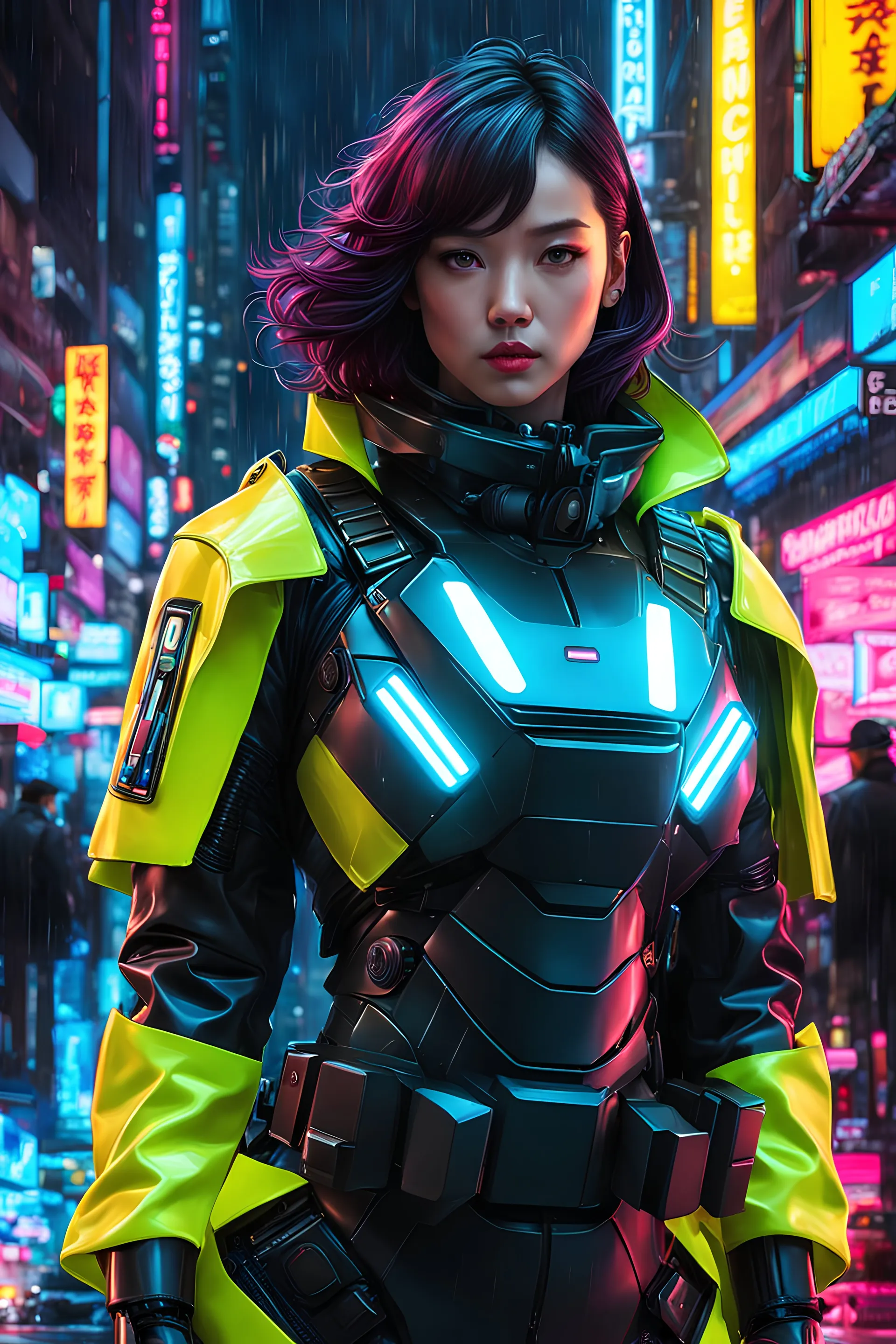 neon robot cop, masterpiece, best quality, half body, portrait, night city, anime, 3D, Korea, pixar, realistic, robo cop, harajuku fashion style, rain coat, beautiful, colourful, neon lights, cyberpunk, illustration, by stanley artgerm lau, sideways glance, foreshortening, extremely detailed 8K, smooth, high resolution, ultra quality, highly details, glare