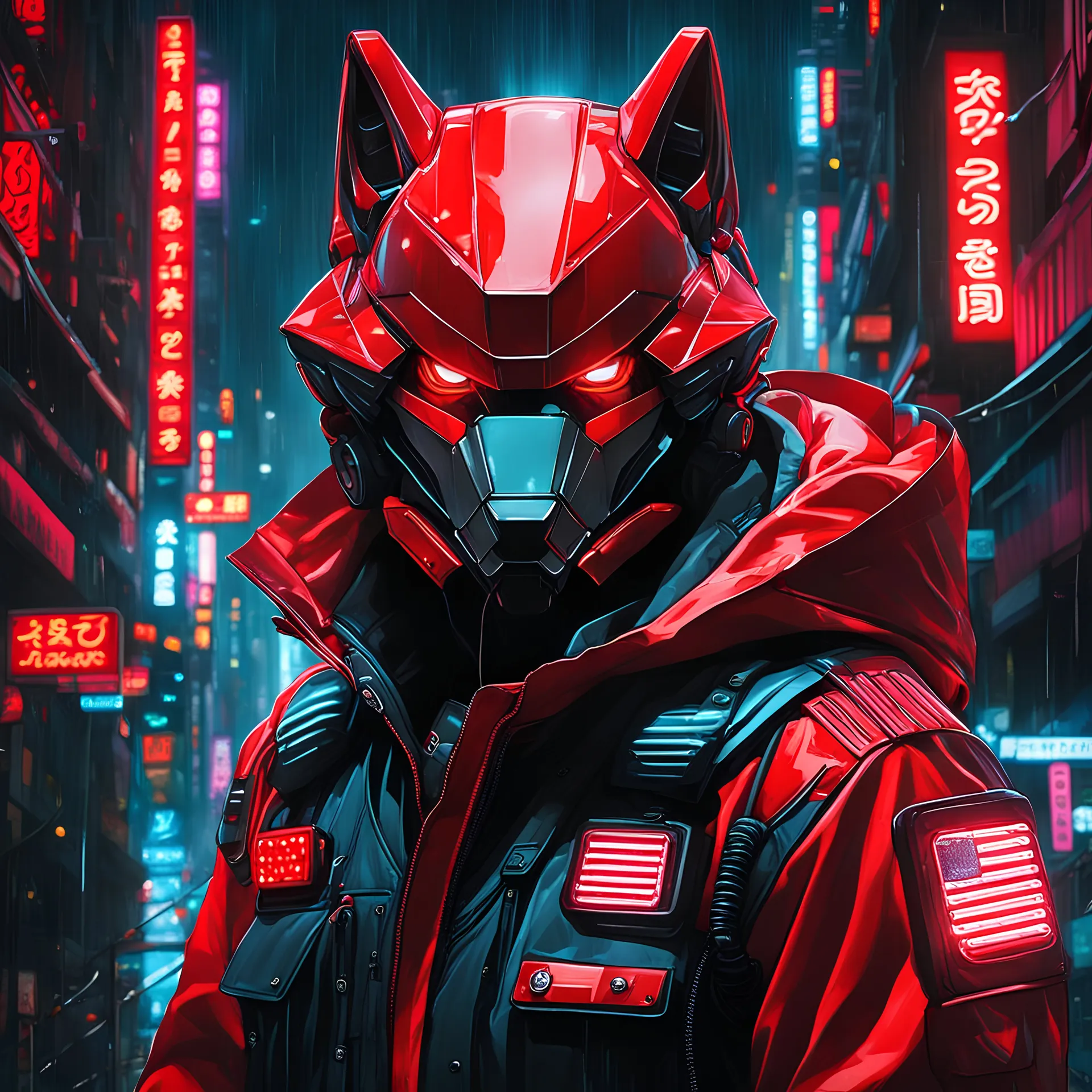 neon red robot cop, wolf head jacket, masterpiece, best quality, half body, portrait, night city, anime, 3D, Korea, pixar, realistic, robo cop, harajuku fashion style, rain coat, beautiful, colourful, neon lights, cyberpunk, illustration, by stanley artgerm lau, sideways glance, foreshortening, extremely detailed 8K, smooth, high resolution, ultra quality, highly details, glare, side view,