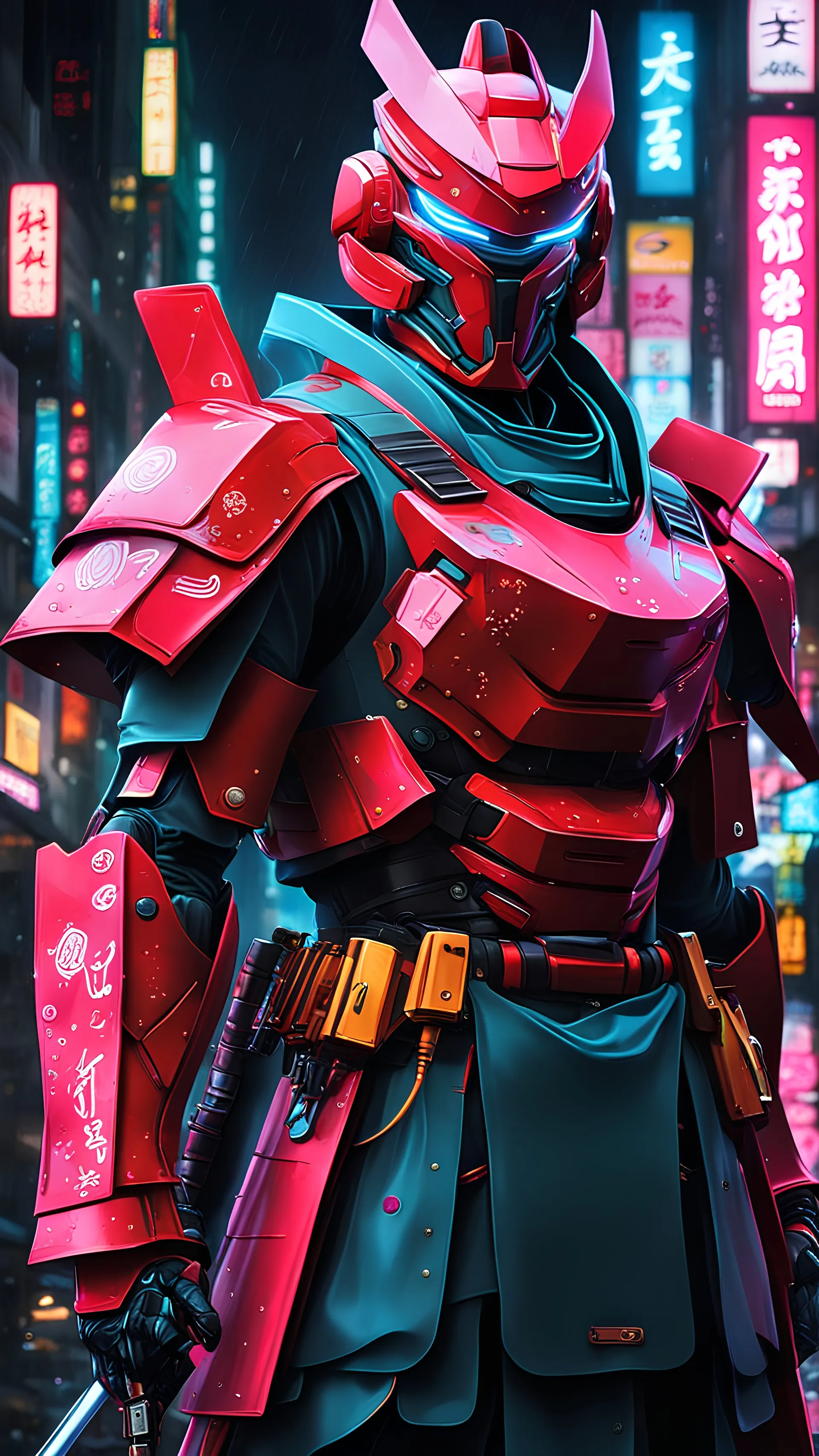 neon robot samurai, masterpiece, best quality, half body, portrait, night city, anime, 3D, Korea, pixar, realistic, robo cop, harajuku fashion style, rain coat, beautiful, colourful, neon lights, cyberpunk, illustration, by stanley artgerm lau, sideways glance, foreshortening, extremely detailed 8K, smooth, high resolution, ultra quality, highly details, glare, side view,