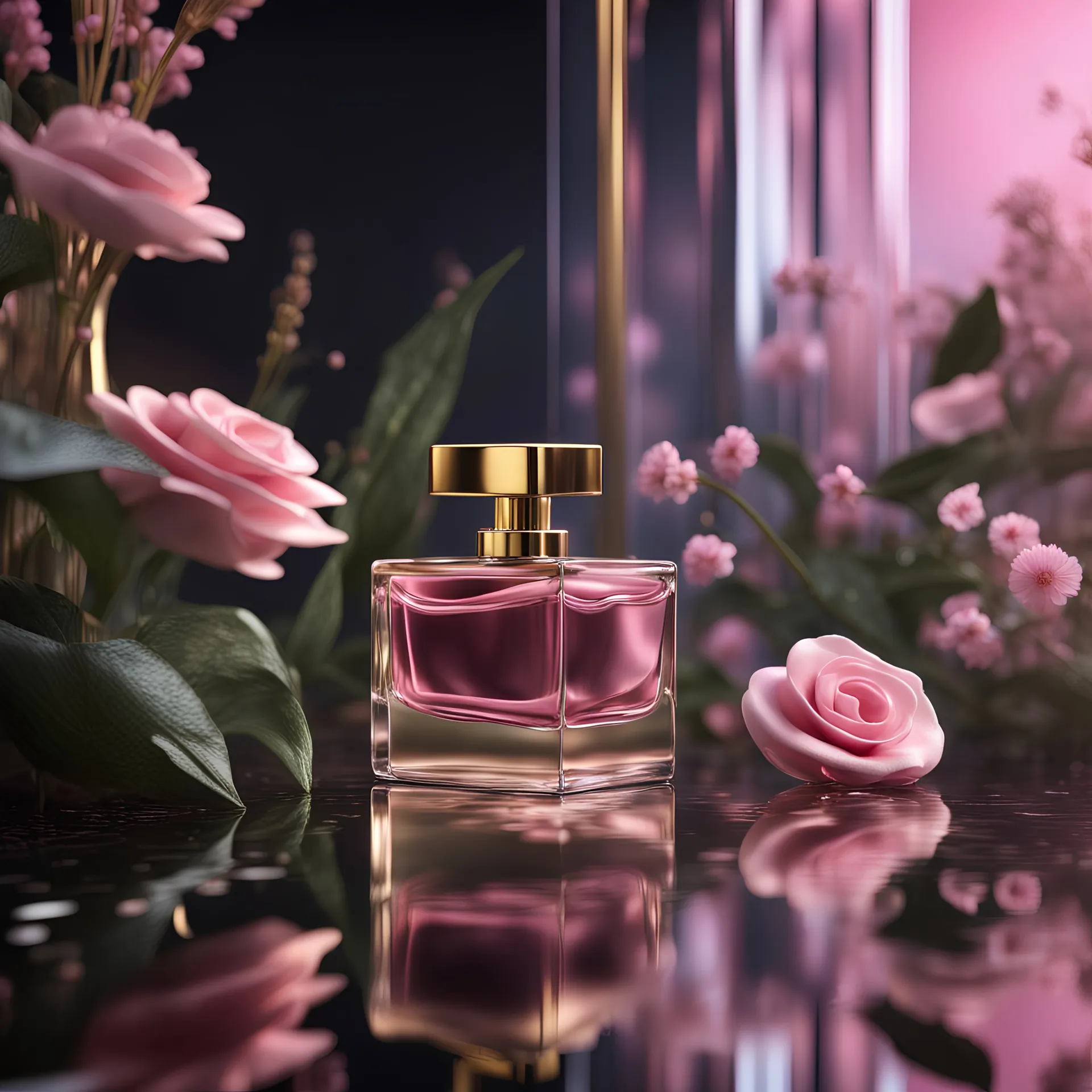 there is a pink lipstick and a glass bottle of perfume,flowers and plants in the background,water and reflections on the ground,golden mean,medium long shot,depth of field,3D render