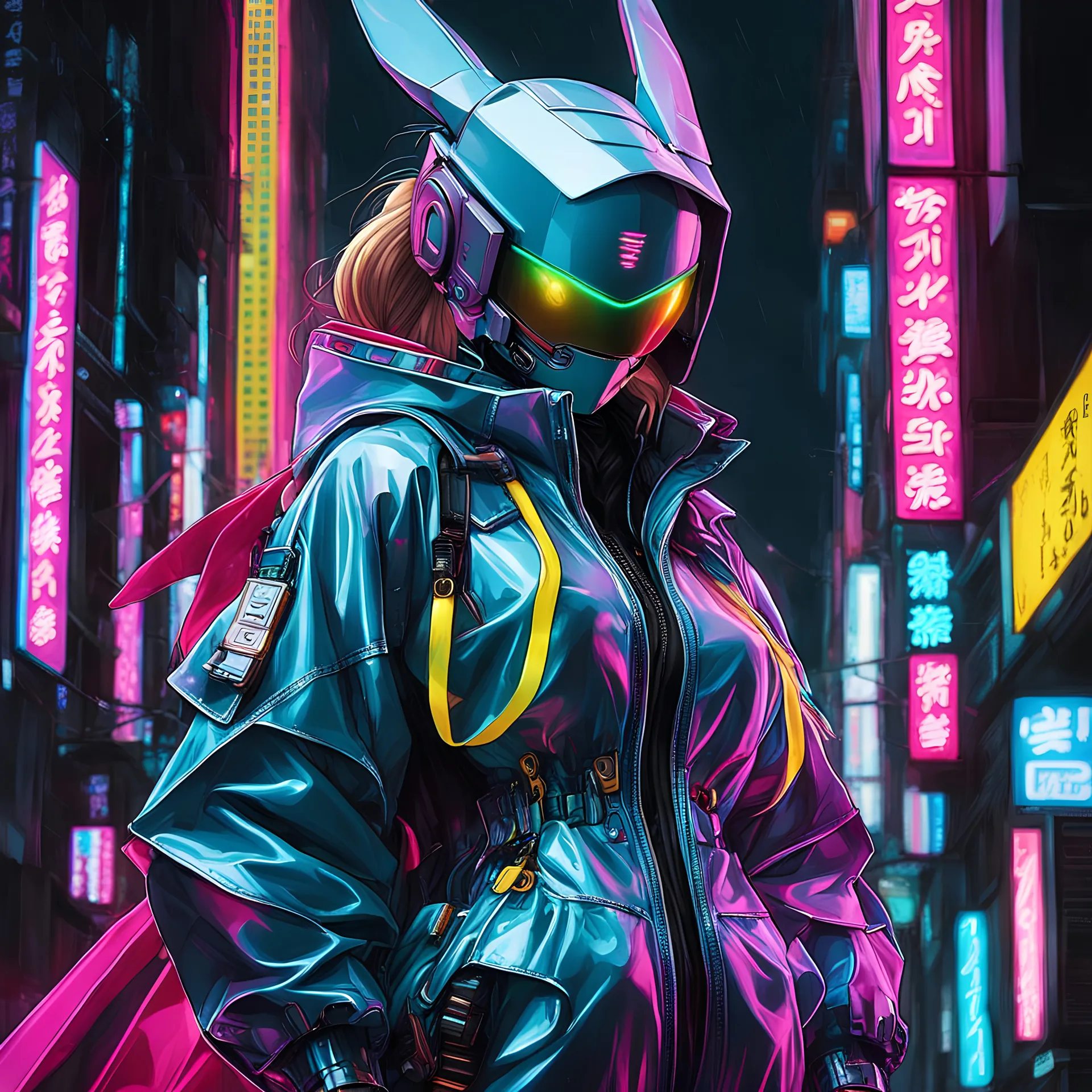 neon robotic usagi, fully masked, masterpiece, best quality, half body, portrait, night city, anime, 3D, Korean, pixar, realistic, robo cop, harajuku fashion style, rain coat, beautiful, colourful, neon lights, cyberpunk, illustration, by stanley artgerm lau, sideways glance, foreshortening, extremely detailed 8K, smooth, high resolution, ultra quality, highly details, glare, side view,