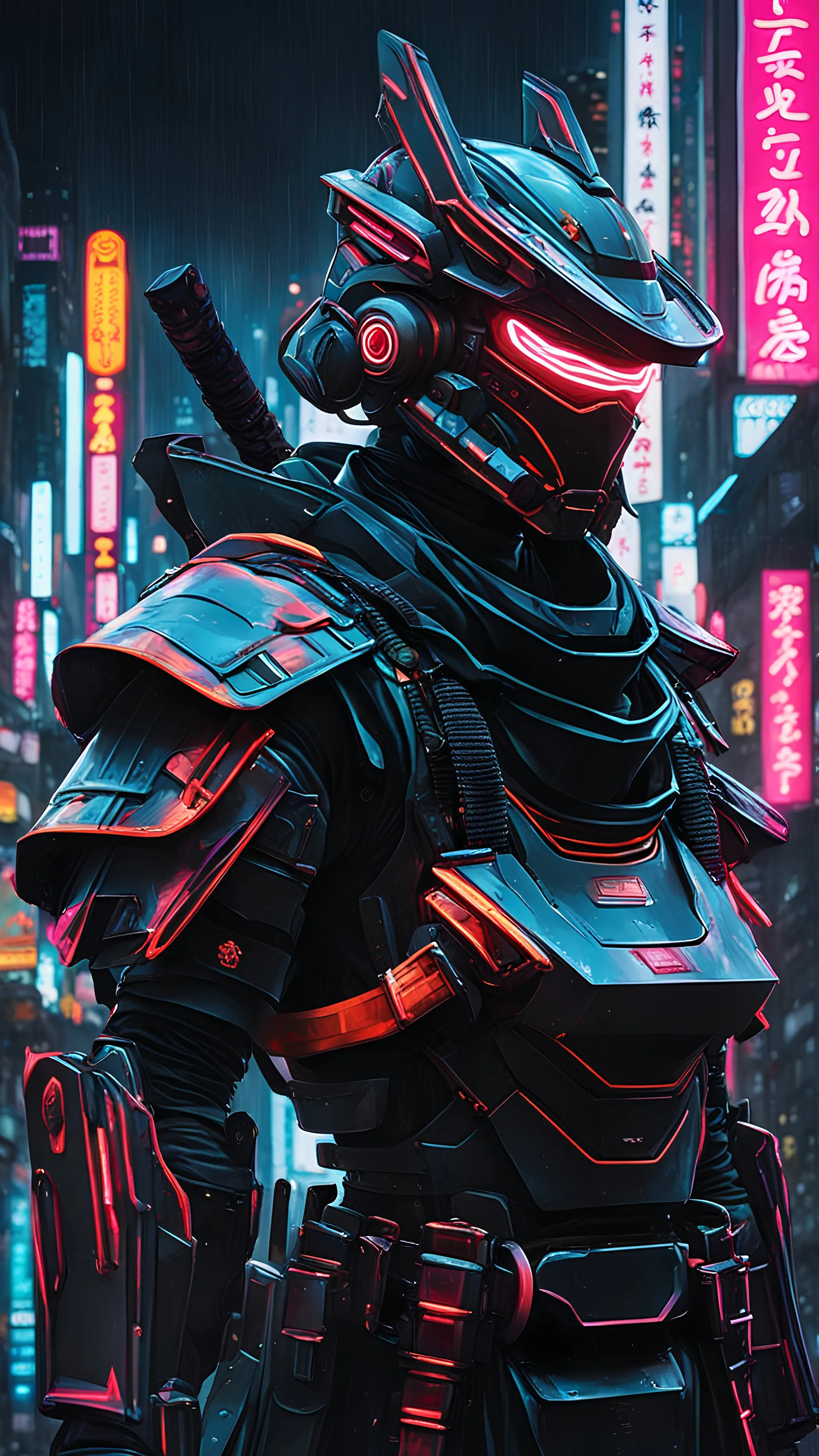 neon robot samurai, masterpiece, best quality, half body, portrait, night city, anime, 3D, Korea, pixar, realistic, robo cop, harajuku fashion style, rain coat, beautiful, colourful, neon lights, cyberpunk, illustration, by stanley artgerm lau, sideways glance, foreshortening, extremely detailed 8K, smooth, high resolution, ultra quality, highly details, glare, side view,blue