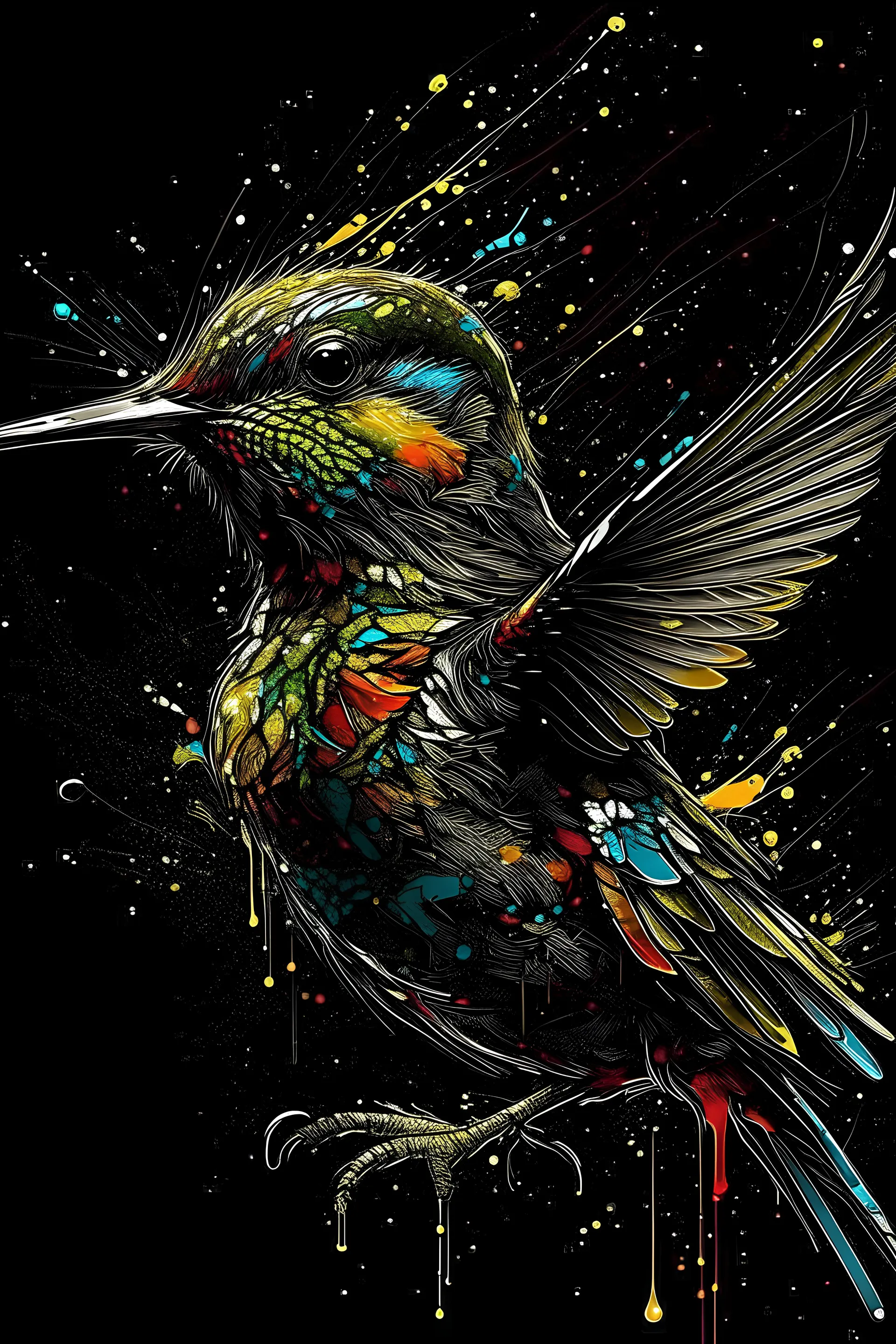 ((a hummingbird)), Hyperdetailed Eyes, Tee-Shirt Design, Line Art, Black Background, Ultra Detailed Artistic, Detailed Gorgeous Face, Natural Skin, Water Splash, Colour Splash Art, Fire and Ice, Splatter, Black Ink, Liquid Melting, Dreamy, Glowing, Glamour, Glimmer, Shadows, Oil On Canvas, Brush Strokes, Smooth, Ultra High Definition, 8k, Unreal Engine 5, Ultra Sharp Focus, Intricate Artwork Masterpiece, Ominous, Golden Ratio, Highly Detailed, Vibrant, Production Cinematic Character Render, Ultr