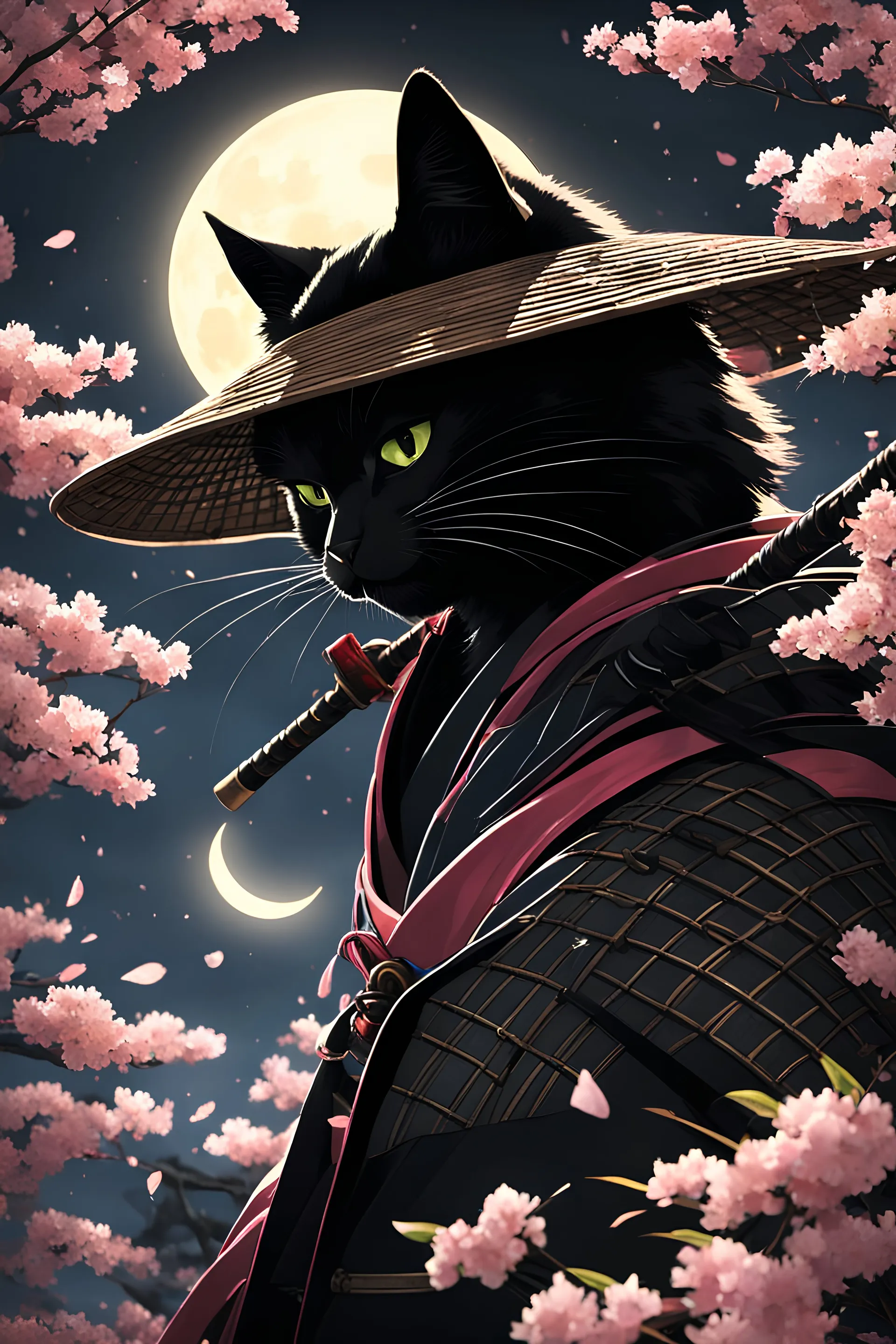 black cat samurai, masterpiece, best quality, half body, night with full moon, pixar style, samurai, straw hat, cherry blossom petals, beautiful, colorful, illustration, by NaokiSaito, sideways glance, foreshortening, smooth, high resolution, ultra quality, highly details, glare, side view,