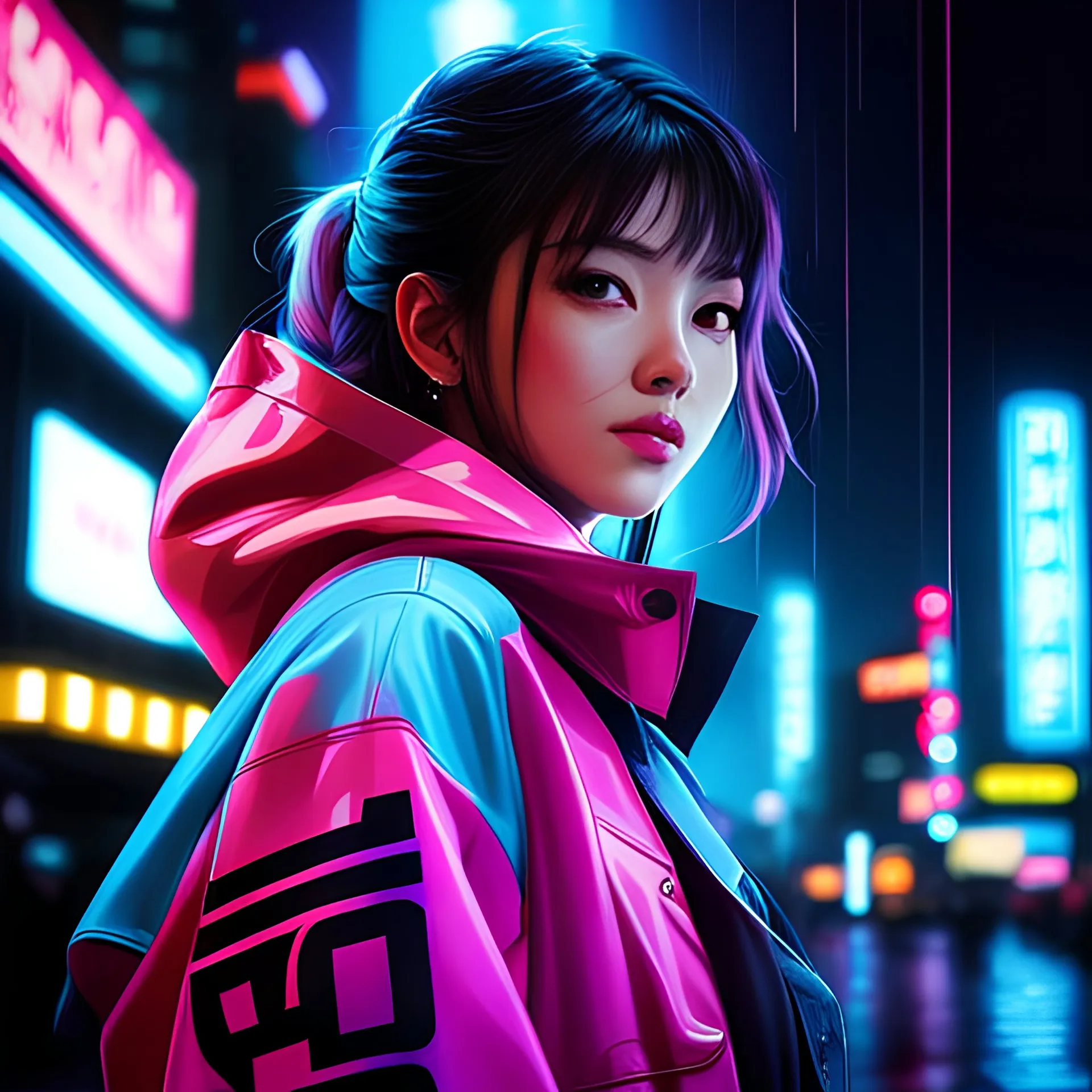 masterpiece, best quality, half body, portrait, night city, 1girl, anime, 3D, Japan, pixar, realistic, teen girl, smiling, cute face, harajuku fashion style, rain coat, beautiful, colourful, neon lights, cyberpunk, smooth skin, illustration, by stanley artgerm lau, sideways glance, foreshortening, extremely detailed 8K, smooth, high resolution, ultra quality, highly detail eyes, highly detail mouth, highly detailed face, perfect eyes, both eyes are the same, glare, Iridescent, Global illuminatio