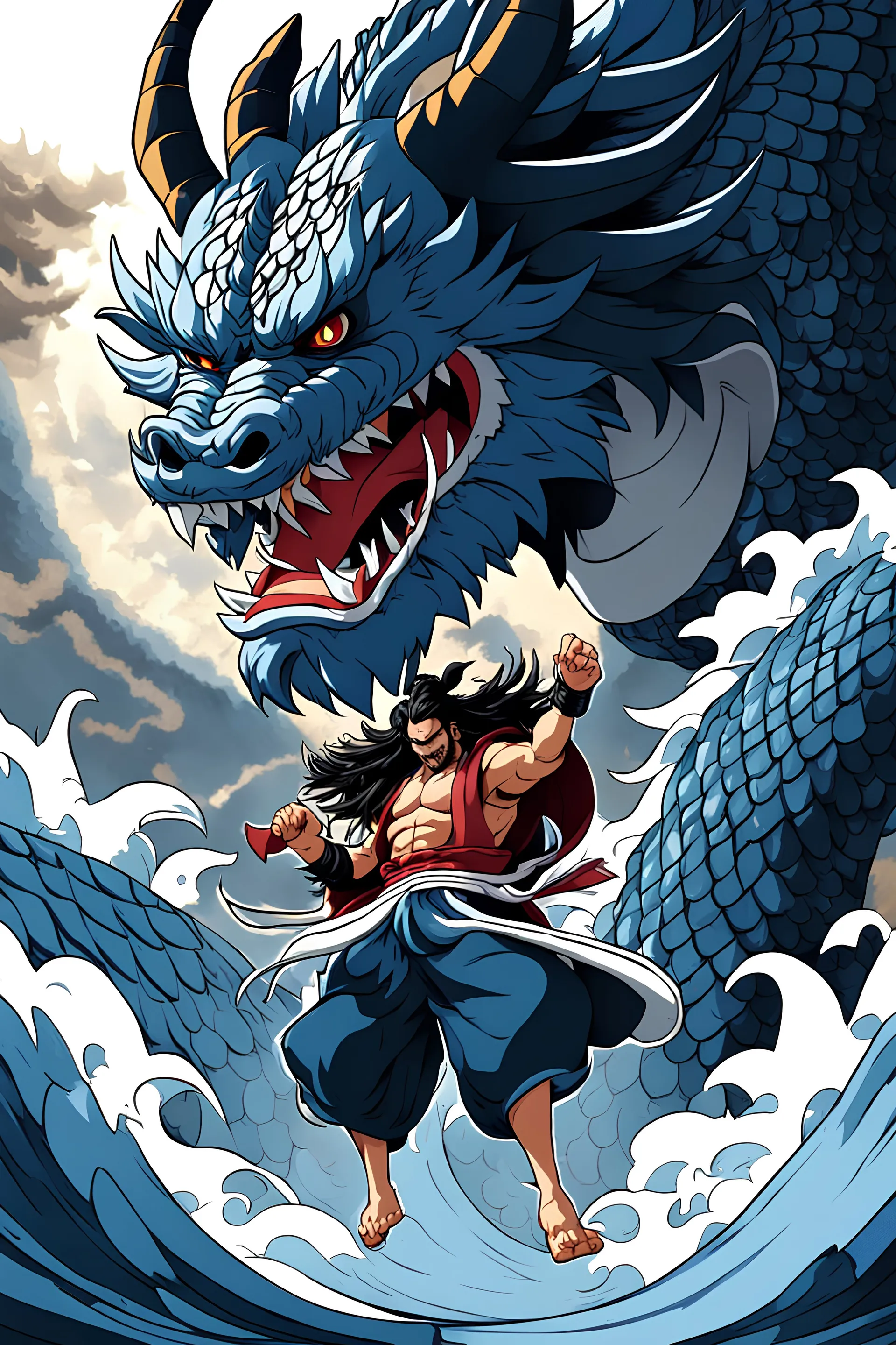 "Generate a UHQ image featuring Kaido in his dragon style