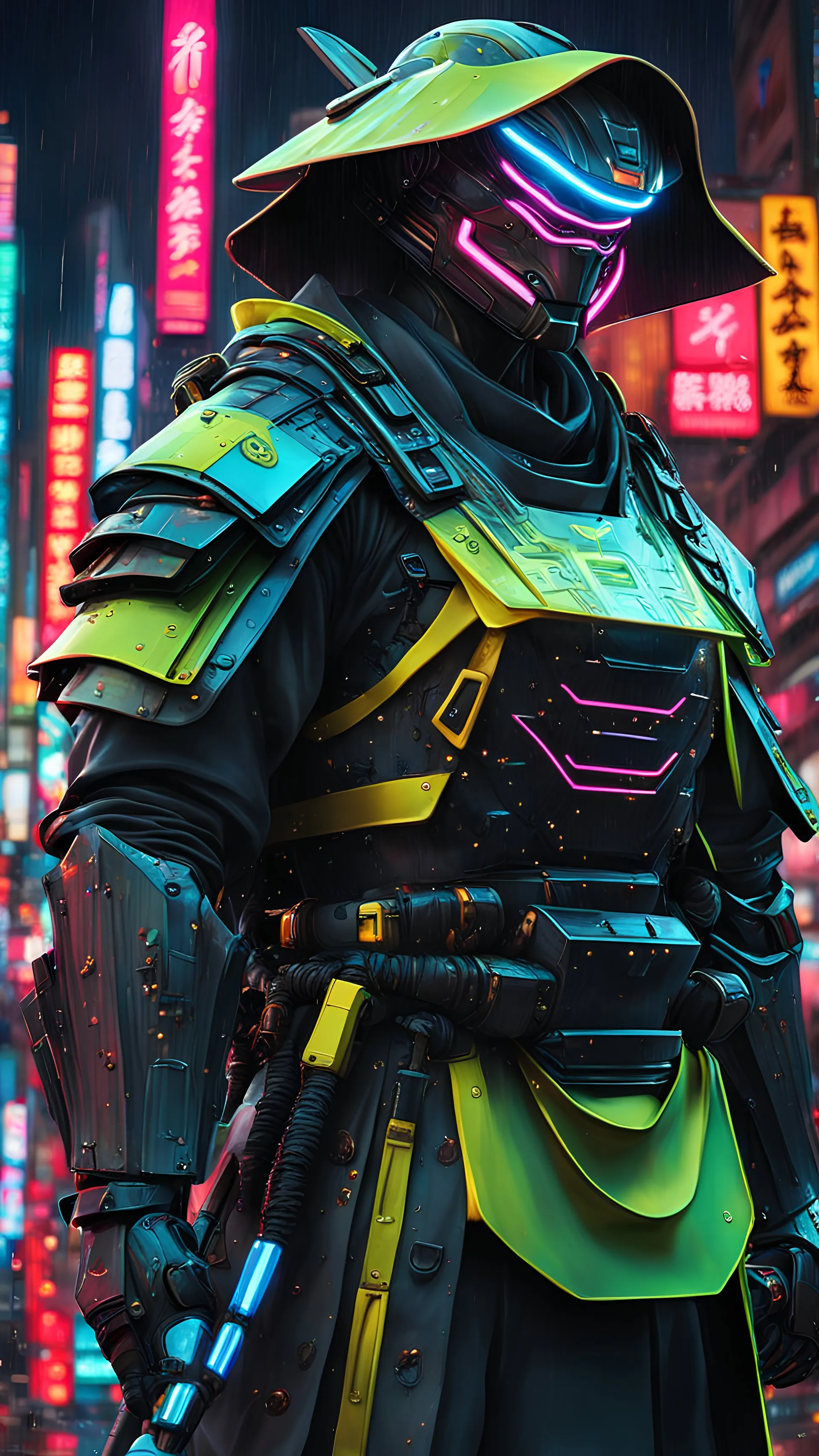 neon robot samurai, masterpiece, best quality, half body, portrait, night city, anime, 3D, Korea, pixar, realistic, robo cop, harajuku fashion style, rain coat, beautiful, colourful, neon lights, cyberpunk, illustration, by stanley artgerm lau, sideways glance, foreshortening, extremely detailed 8K, smooth, high resolution, ultra quality, highly details, glare, side view,