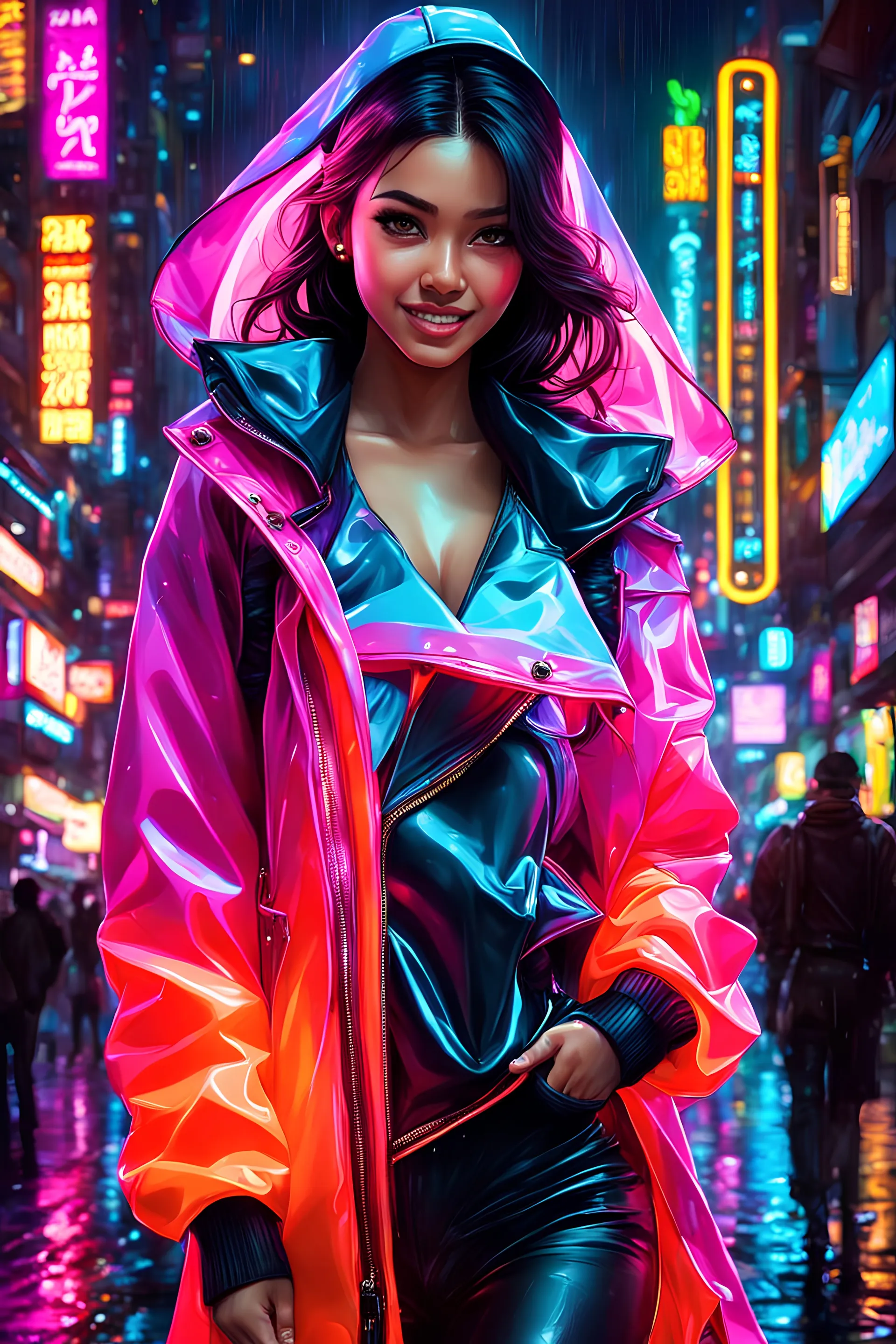 neon arabian teen, best quality, half body, portrait, night city, 1girl, anime, 3D, Dubai, pixar, realistic, teen girl, smiling, cute face, harajuku fashion style, rain coat, beautiful, colourful, neon lights, cyberpunk, smooth skin, illustration, by stanley artgerm lau, sideways glance, foreshortening, extremely detailed 8K, smooth, high resolution, ultra quality, highly detail eyes, highly detail mouth, highly detailed face, perfect eyes, both eyes are the same, glare, model, DUBAI skyskrapers