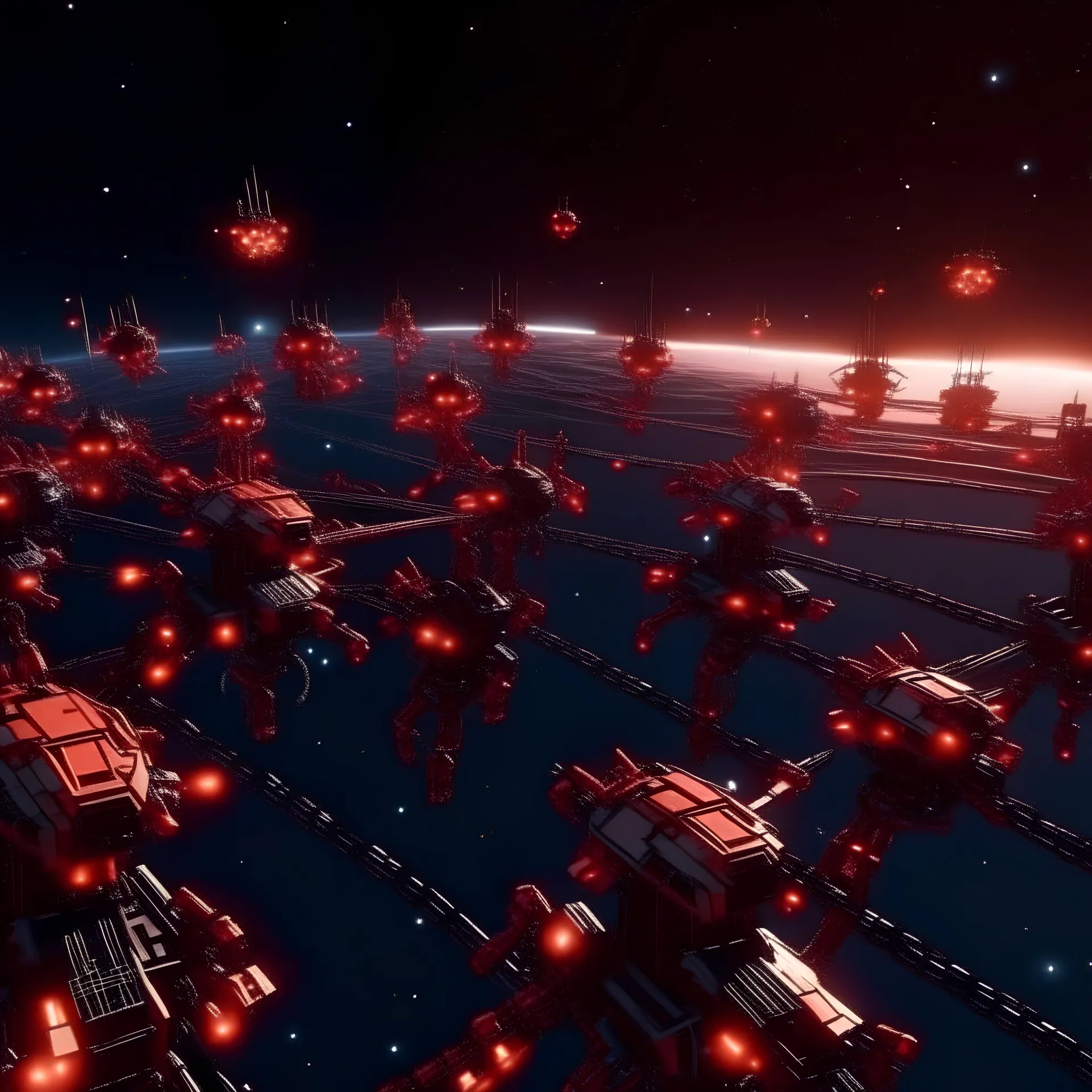 View from space. Hundreds of Interconnected satellite robots hovering over the Earth. The robots are red and black. The sun is in the background with stars. Fantasy cyberpunk style. CG rendered in detailed high quality.