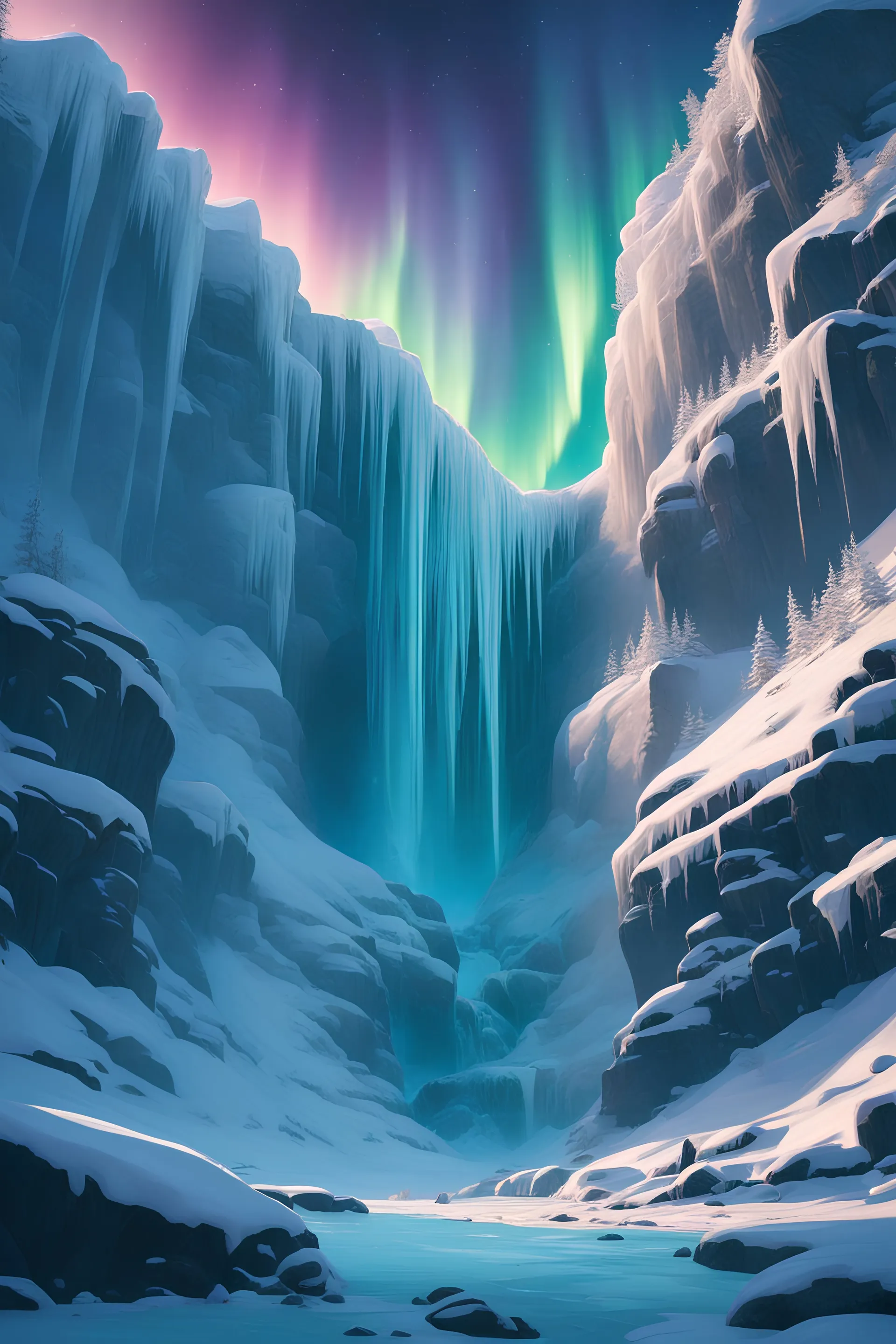 A frozen waterfall cascading down an icy cliff face, illuminated by the ethereal glow of the aurora borealis.