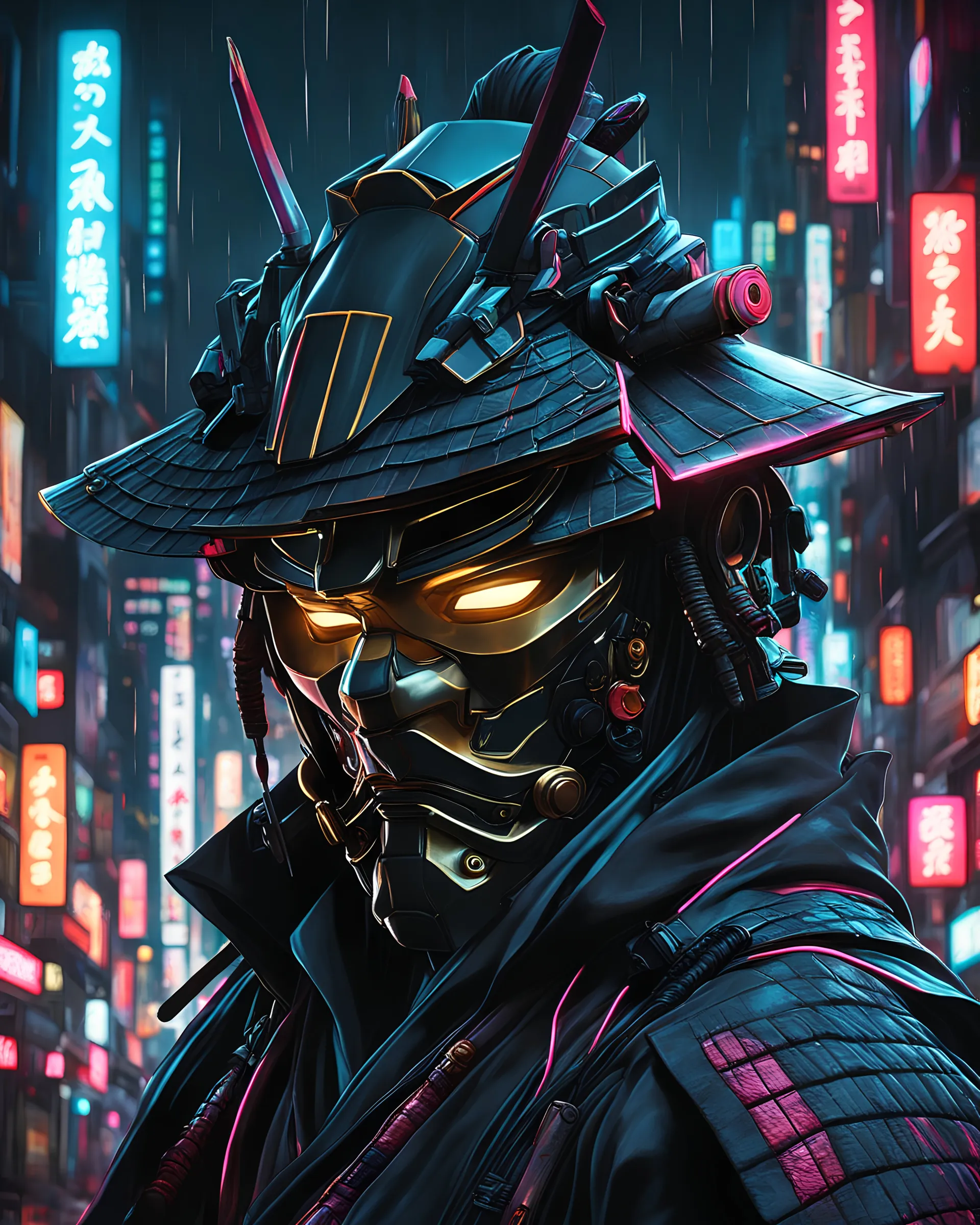 samurai man, masterpiece, best quality, half body, portrait, night city, anime, 3D, Korea, pixar, realistic, robo samurai, harajuku fashion style, mask with neon lights, rain coat, beautiful, colorful, neon lights, cyberpunk, illustration, by Stanley artgerm lau, sideways glance, foreshortening, extremely detailed 8K, smooth, high resolution, ultra quality, highly details, glare, side view,