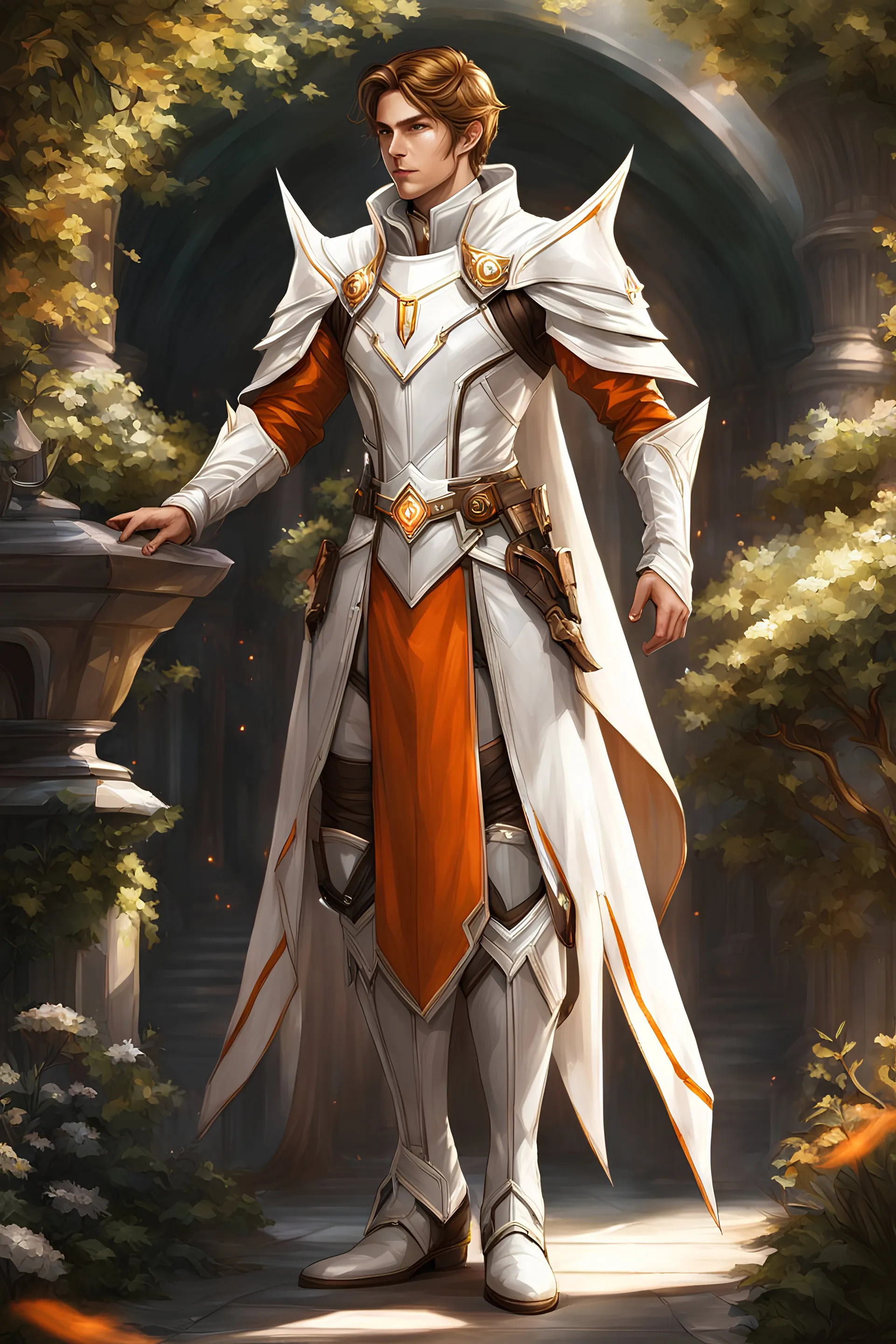 full body drawing of a sci fi high elf, space, palace, white cybernetic leather royal outfit with orange and brown trim, elf, male, handsome, 25 years old, brown hair, standing in a garden