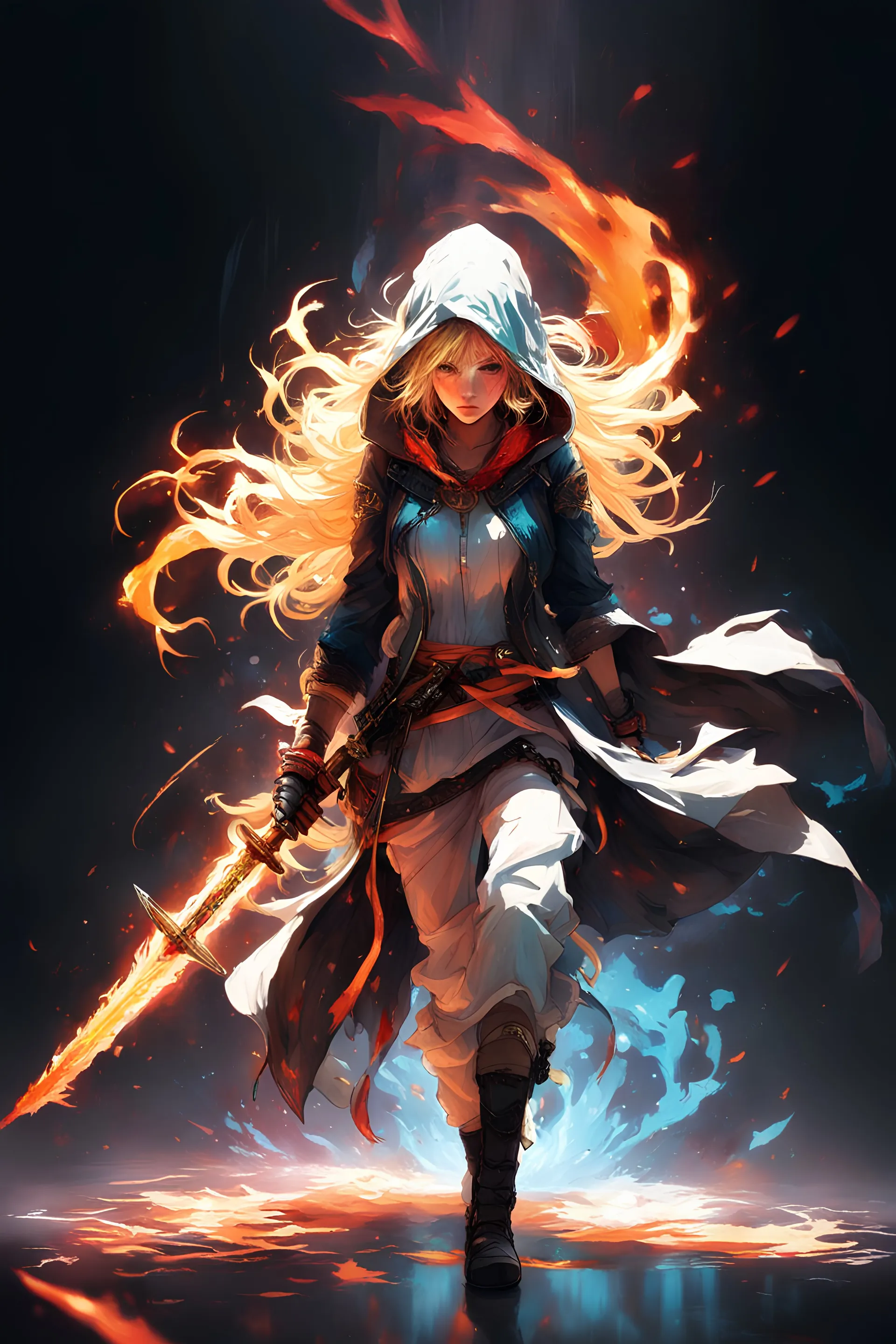 masterpiece, Rogue assassin girl, wearing a hood, blonde hair, shrouded in shadows, holding a flaming dagger in each hand, vibrant glowing abyssal colors, entirely in frame, FULL BODY, radiating electrical energy, shoulder length messy hair, Full body, Beautiful anime waifu style girl, hyperdetailed painting, luminism, art by Carne Griffiths and Wadim Kashin concept art, 8k resolution, fractal isometrics details bioluminescence , 3d render, octane render, intricately detailed , cinematic, UHQ