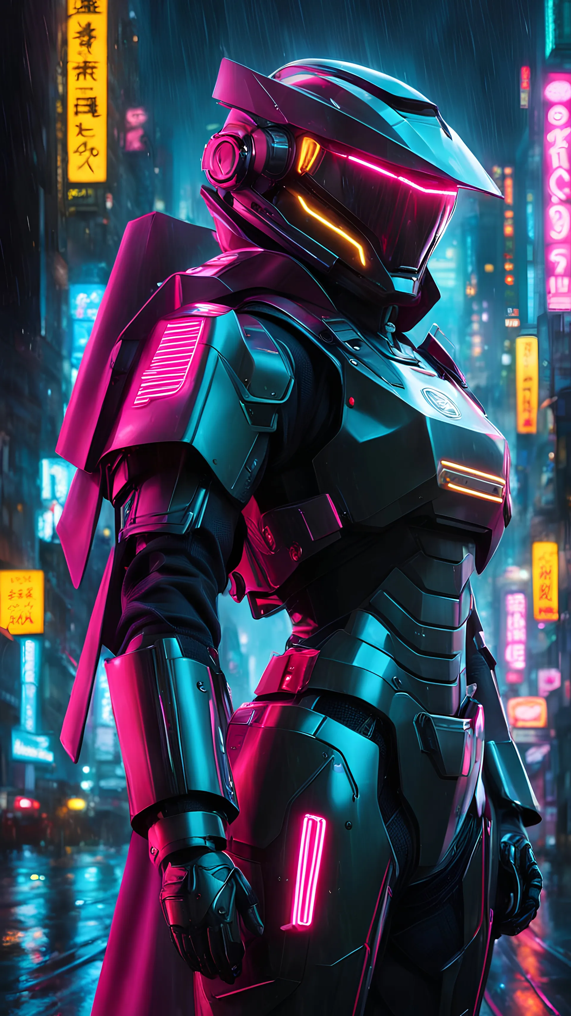 neon robot cop, masterpiece, best quality, half body, portrait, night city, anime, 3D, Korea, pixar, realistic, robo cop, harajuku fashion style, rain coat, beautiful, colourful, neon lights, cyberpunk, illustration, by stanley artgerm lau, sideways glance, foreshortening, extremely detailed 8K, smooth, high resolution, ultra quality, highly details, glare, side view,