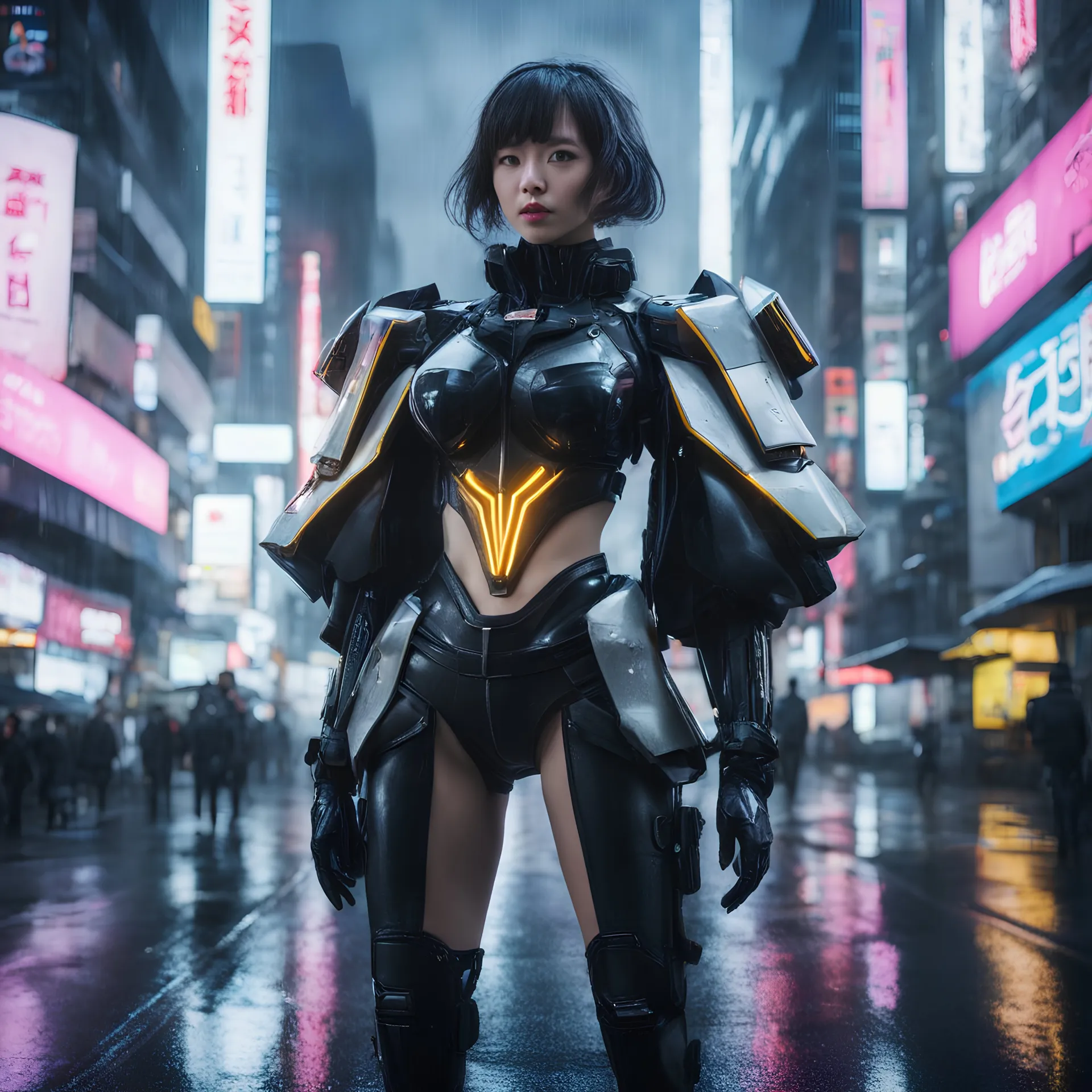 8k, cyber woman, robotic outfit, on dystopic futurist Tokyo streets, rainy, nightly.