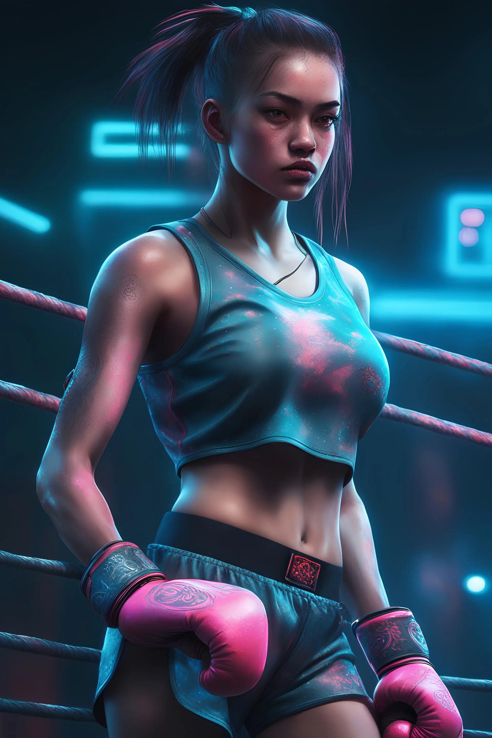 detailed portrait Neon boxer Brazilian Girl, cyberpunk futuristic neon, reflective crop top and shorts, boxing gloves, decorated with traditional Japanese ornaments by Ismail inceoglu dragan bibin hans thoma greg rutkowski Alexandros Pyromallis Nekro Rene Maritte Illustrated, Perfect face, fine details, realistic shaded, fine-face, pretty face