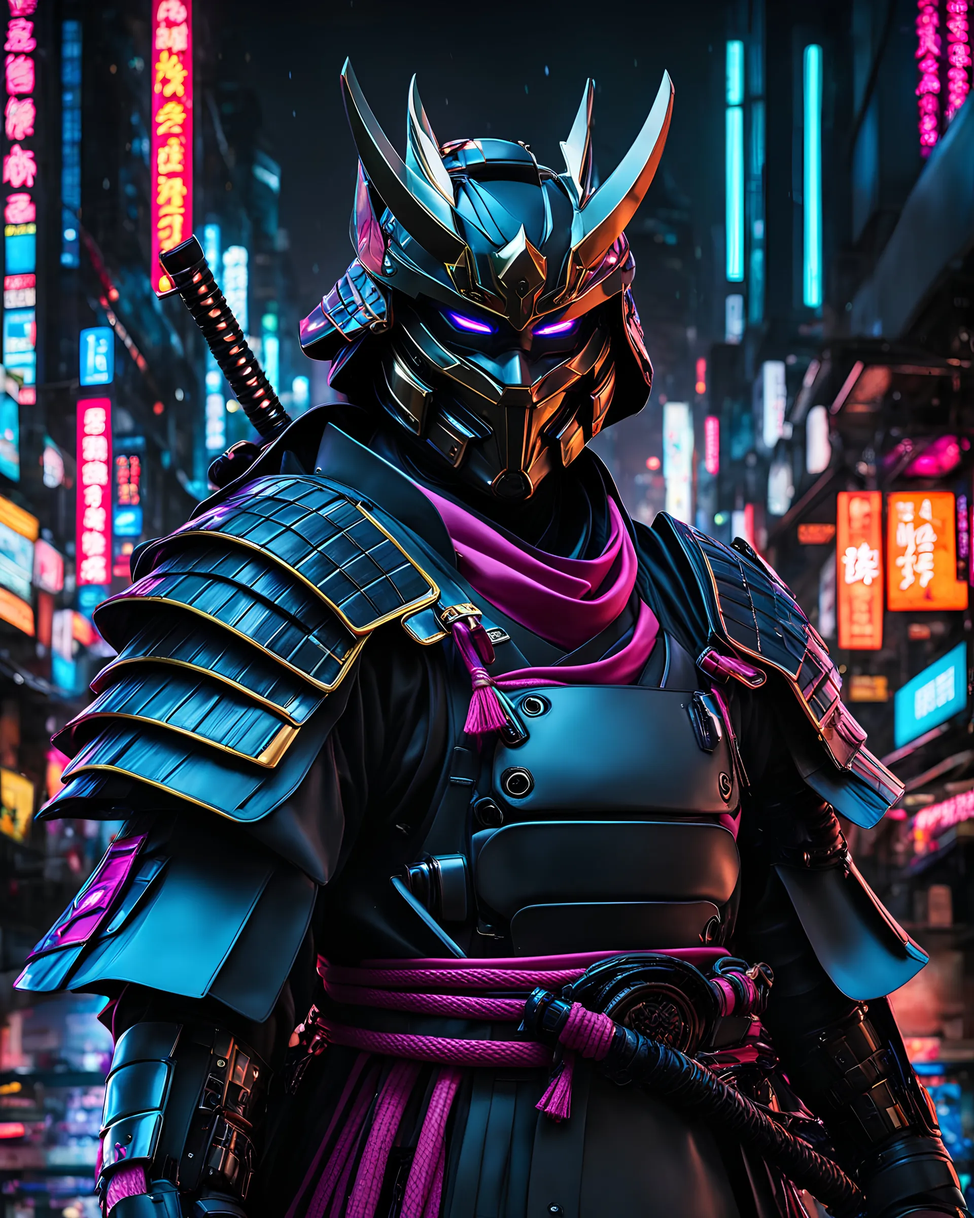 samurai man, masterpiece, best quality, half body, portrait, night city, anime, 3D, Korea, pixar, realistic, robo samurai, harajuku fashion style, mask with neon lights, rain coat, beautiful, colorful, neon lights, cyberpunk, illustration, by Stanley artgerm lau, sideways glance, foreshortening, extremely detailed 8K, smooth, high resolution, ultra quality, highly details, glare, side view,