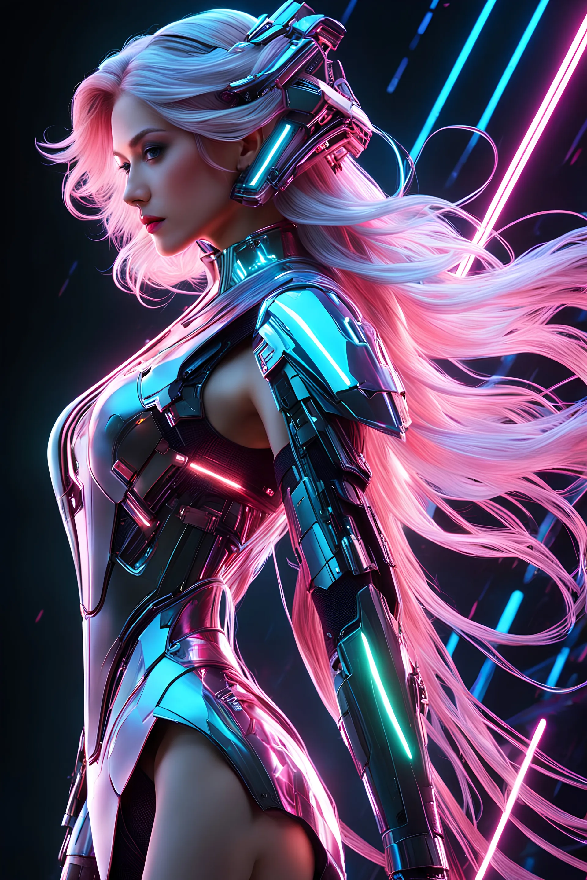 high quality, 8K Ultra HD, full body, have a cyber saber, a mesmerizing 20-year-old woman with a futuristic beauty that seems to transcend time and space, intricately woven into her very being, encased in the cybernetic suit, move with fluidity and precision, Her flowing hair resembles streams of neon lights, casting a vibrant glow that adds a touch of cyberpunk brilliance to her appearance, Each strand of hair is meticulously crafted with holographic patterns that shimmer and shift, creating an