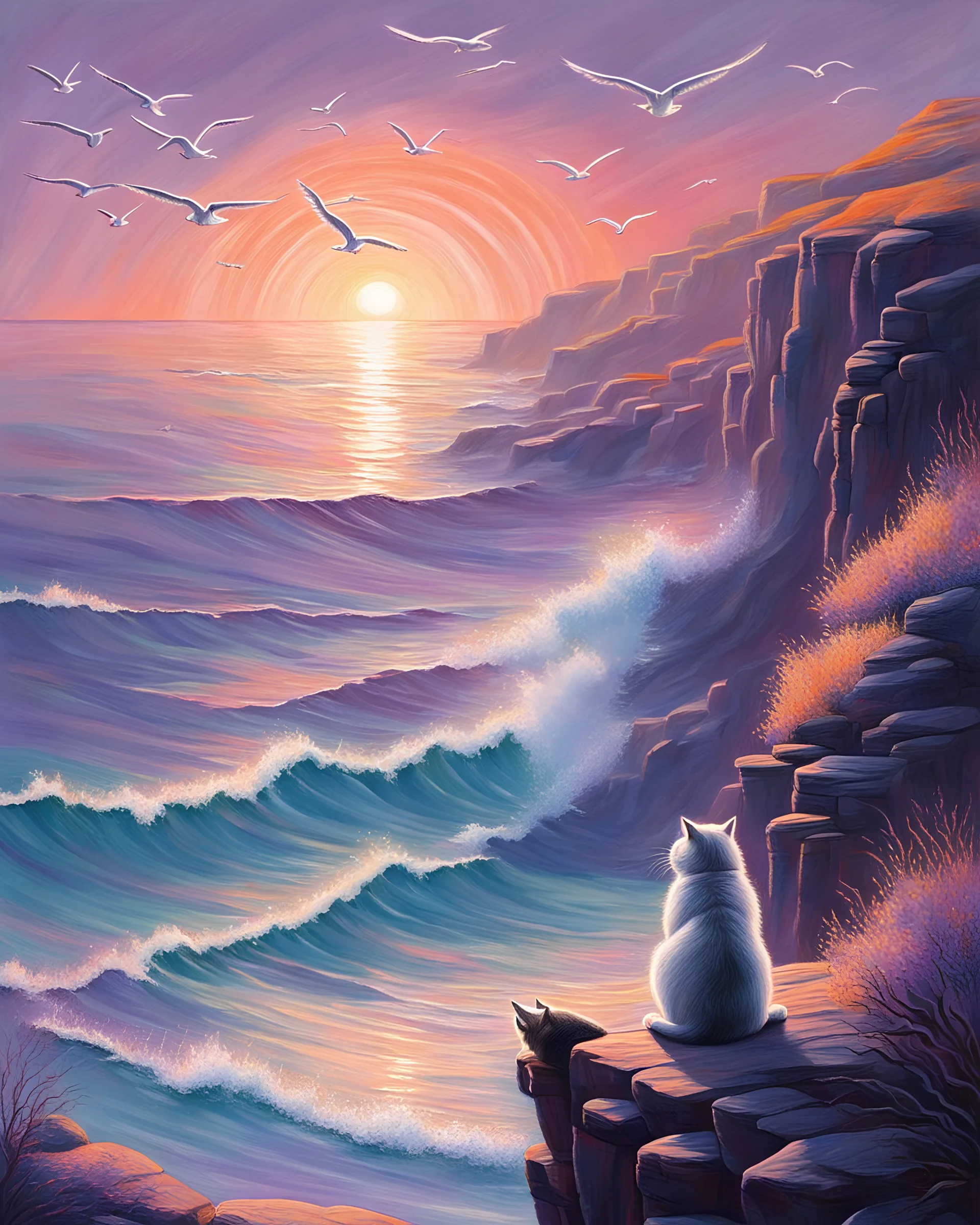 Pastel drawing of a cat meditating on a sea cliff over a sunset ocean, soothing gradients of orange, pink, and purple, seagulls gliding in the distance, peaceful waves providing a rhythmic soundscape, a sense of pure relaxation and connection with the elements,