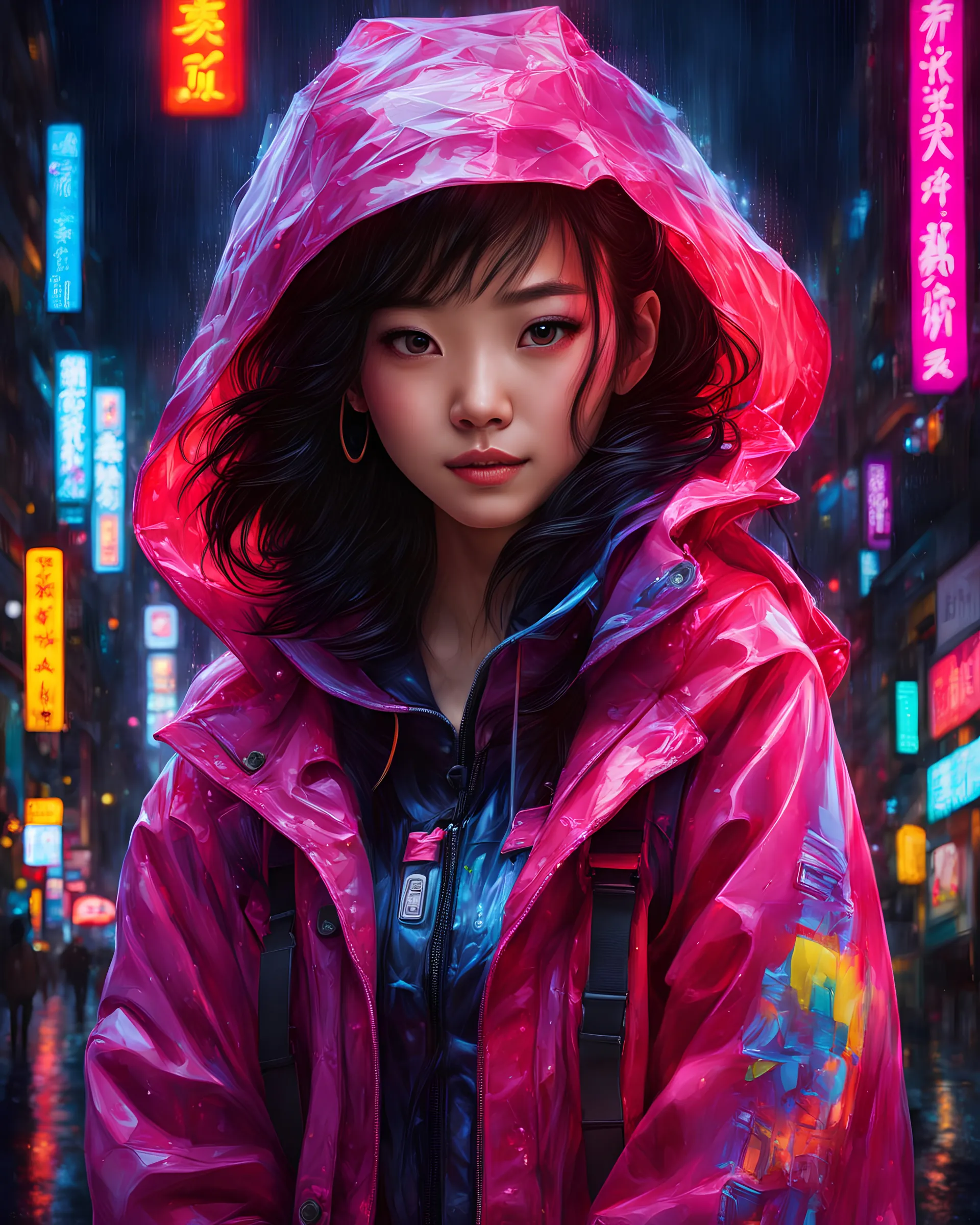 neon Chinese teen, masterpiece, best quality, half body, portrait, night city, 1girl, anime, 3D, Japan, pixar, realistic, teen girl, smiling, cute face, harajuku fashion style, rain coat, beautiful, colourful, neon lights, cyberpunk, smooth skin, illustration, by stanley artgerm lau, sideways glance, foreshortening, extremely detailed 8K, smooth, high resolution, ultra quality, highly detail eyes, highly detail mouth, highly detailed face, perfect eyes, both eyes are the same, glare, Iridescent