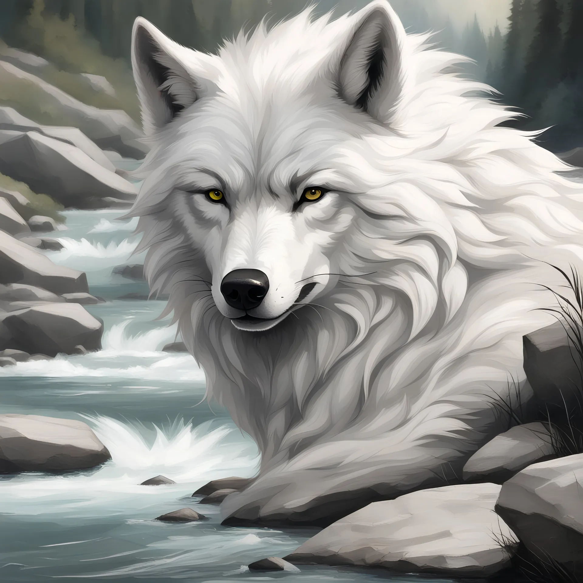 Portrait of a wolf with white fur in front of a river by ink