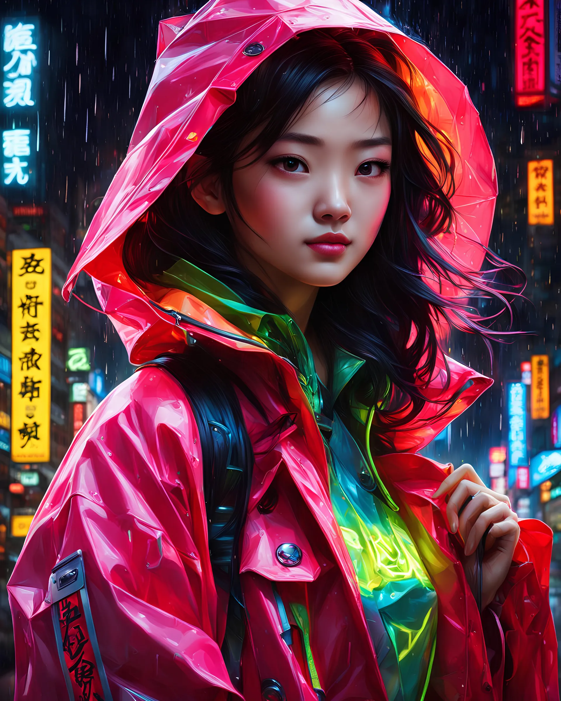 neon Chinese teen, masterpiece, best quality, half body, portrait, night city, 1girl, anime, 3D, Japan, pixar, realistic, teen girl, smiling, cute face, harajuku fashion style, rain coat, beautiful, colourful, neon lights, cyberpunk, smooth skin, illustration, by stanley artgerm lau, sideways glance, foreshortening, extremely detailed 8K, smooth, high resolution, ultra quality, highly detail eyes, highly detail mouth, highly detailed face, perfect eyes, both eyes are the same, glare, Iridescent