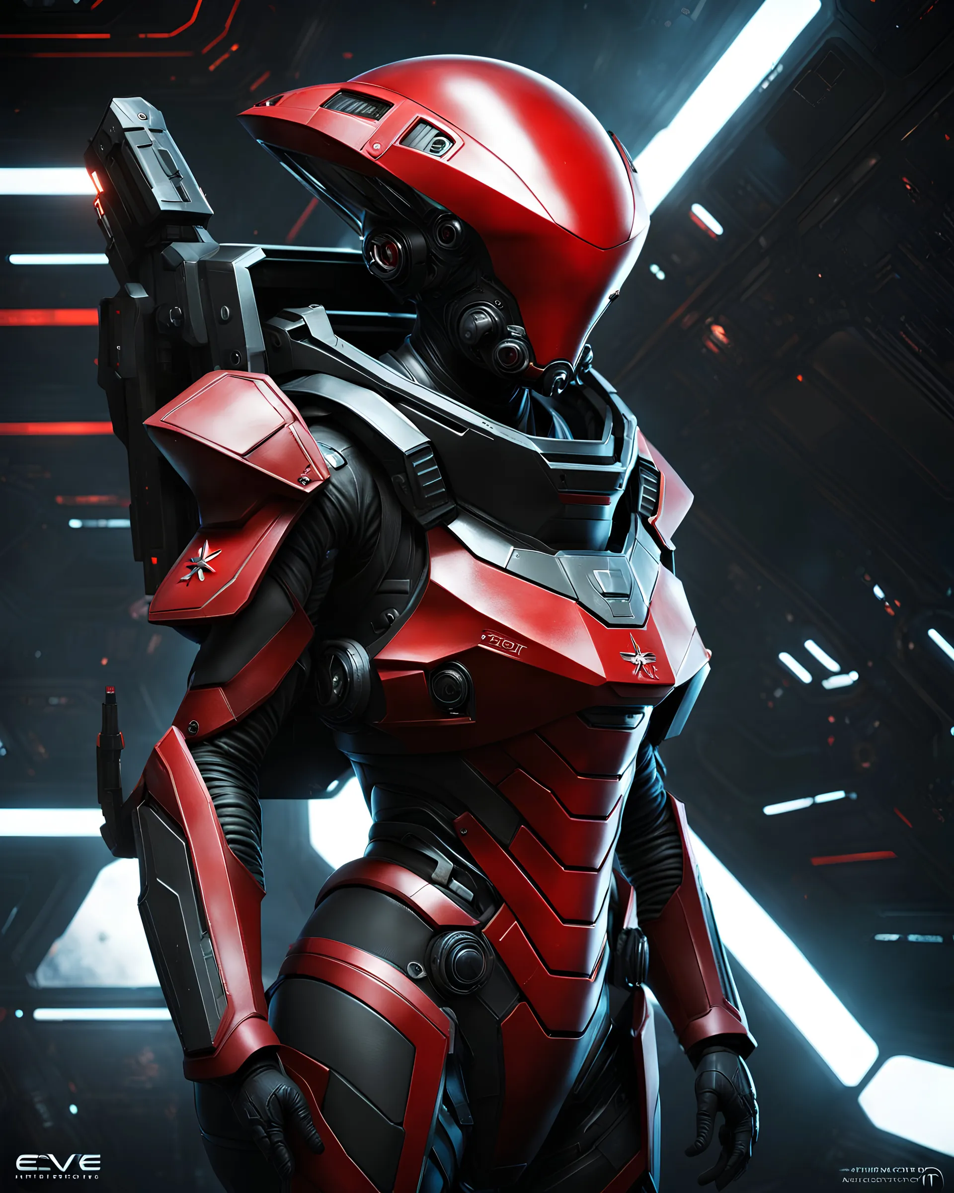 Anthropomorfic Alien character with red skin, as a scifi mercenary, insect like, front view, medium shot, spaceship interior background, epic poster art by greg rutkowsky, scifi, fantasy, action, breathtaking, digital painting, highly detailed, Pinterest, artstation, eve online, starfield.