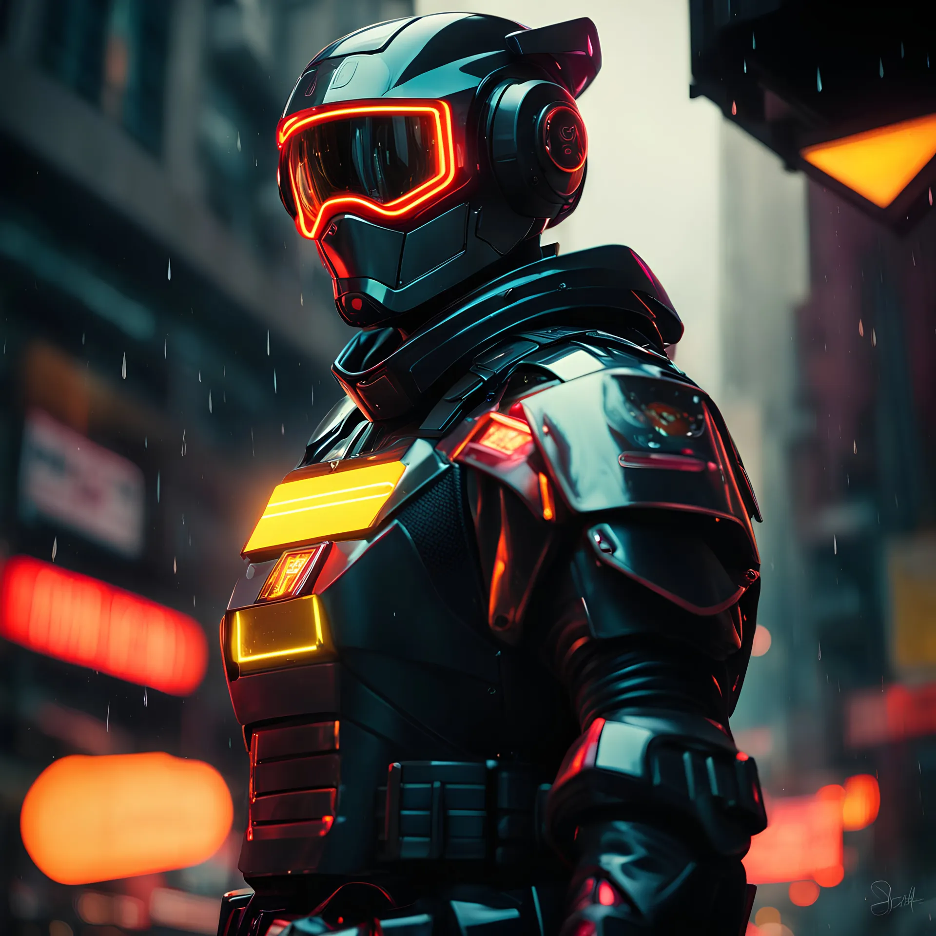 neon robot cop, masterpiece, best quality, half body, portrait, night city, anime, 3D, Korea, pixar, realistic, robo cop, harajuku fashion style, rain coat, beautiful, colourful, neon lights, cyberpunk, illustration, by stanley artgerm lau, sideways glance, foreshortening, extremely detailed 8K, smooth, high resolution, ultra quality, highly details, glare, side view, wide portrait posture