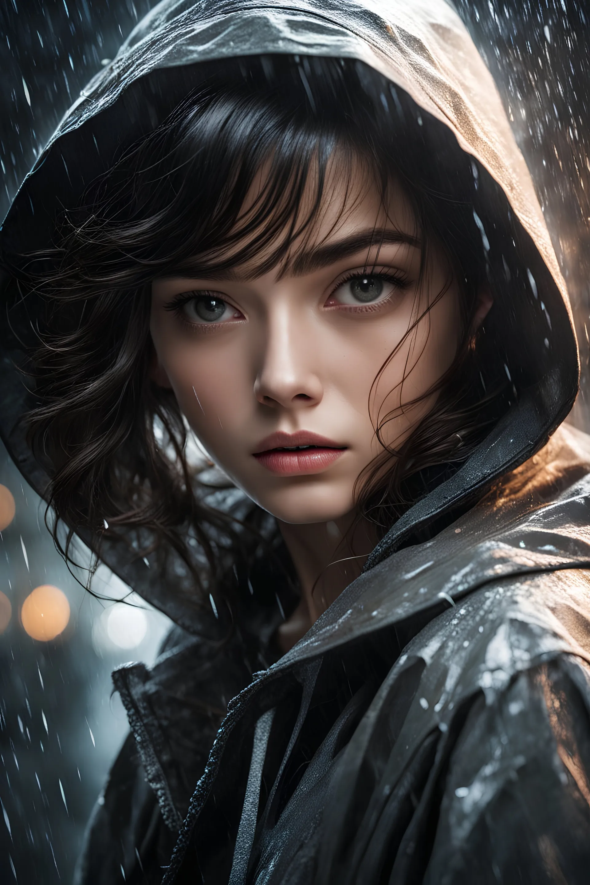 Masterpiece, 16 - year - old beautiful girl and monster, pearl - like eyes, extremely delicate facial depiction, heavy rain, medium shot, exaggerated perspective, poster, androgyny, fashion, dramatic lighting, strong tones, distortion style, wet clothes, 32k UHD