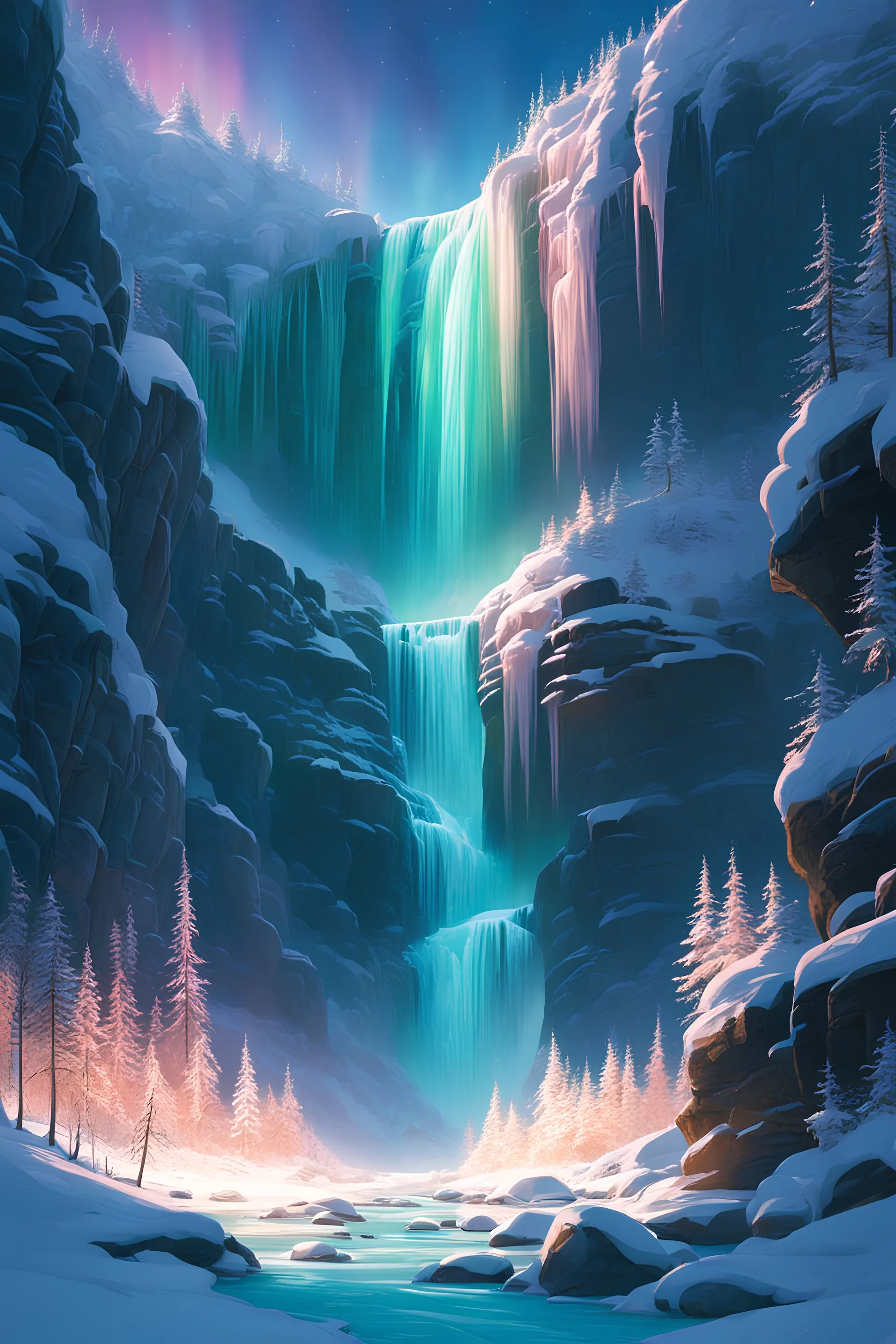 A frozen waterfall cascading down an icy cliff face, illuminated by the ethereal glow of the aurora borealis.